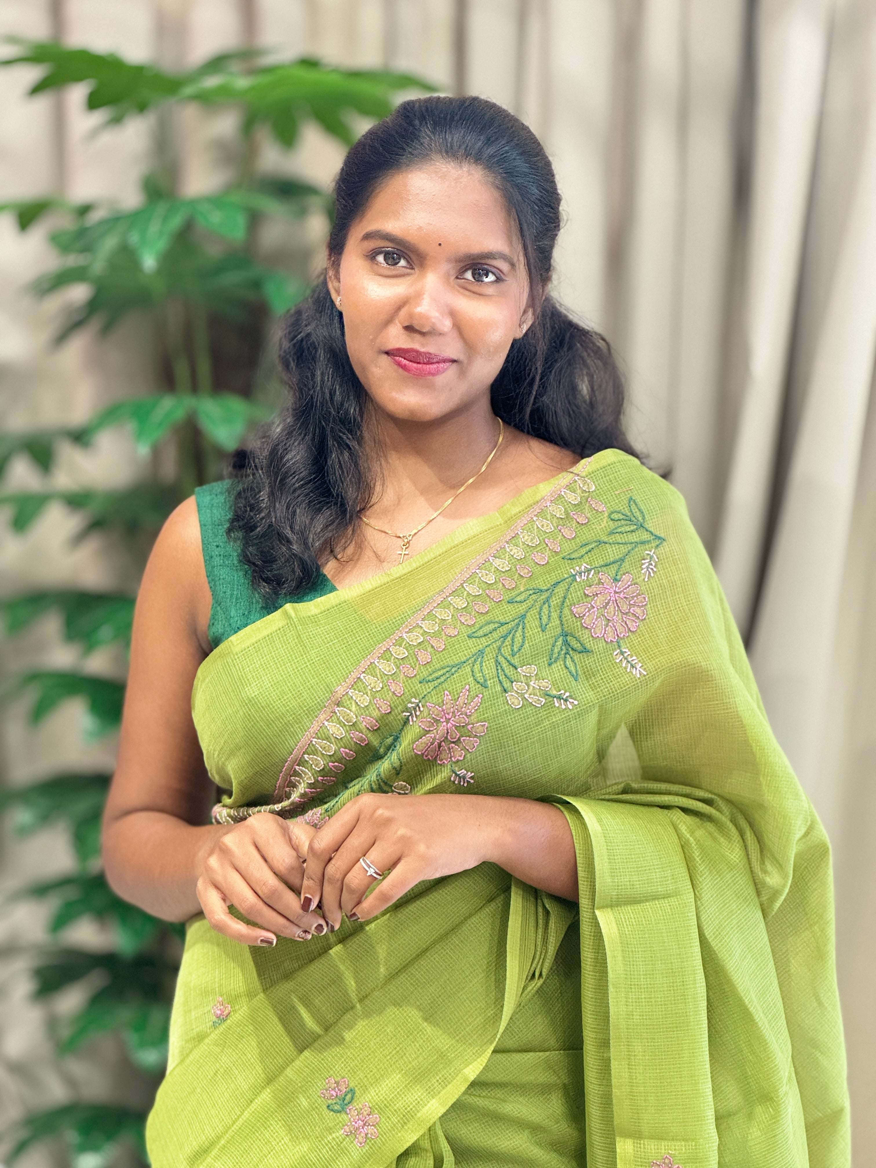 Floral Embroidery Detailed Muga Check Organza Saree | JSC452