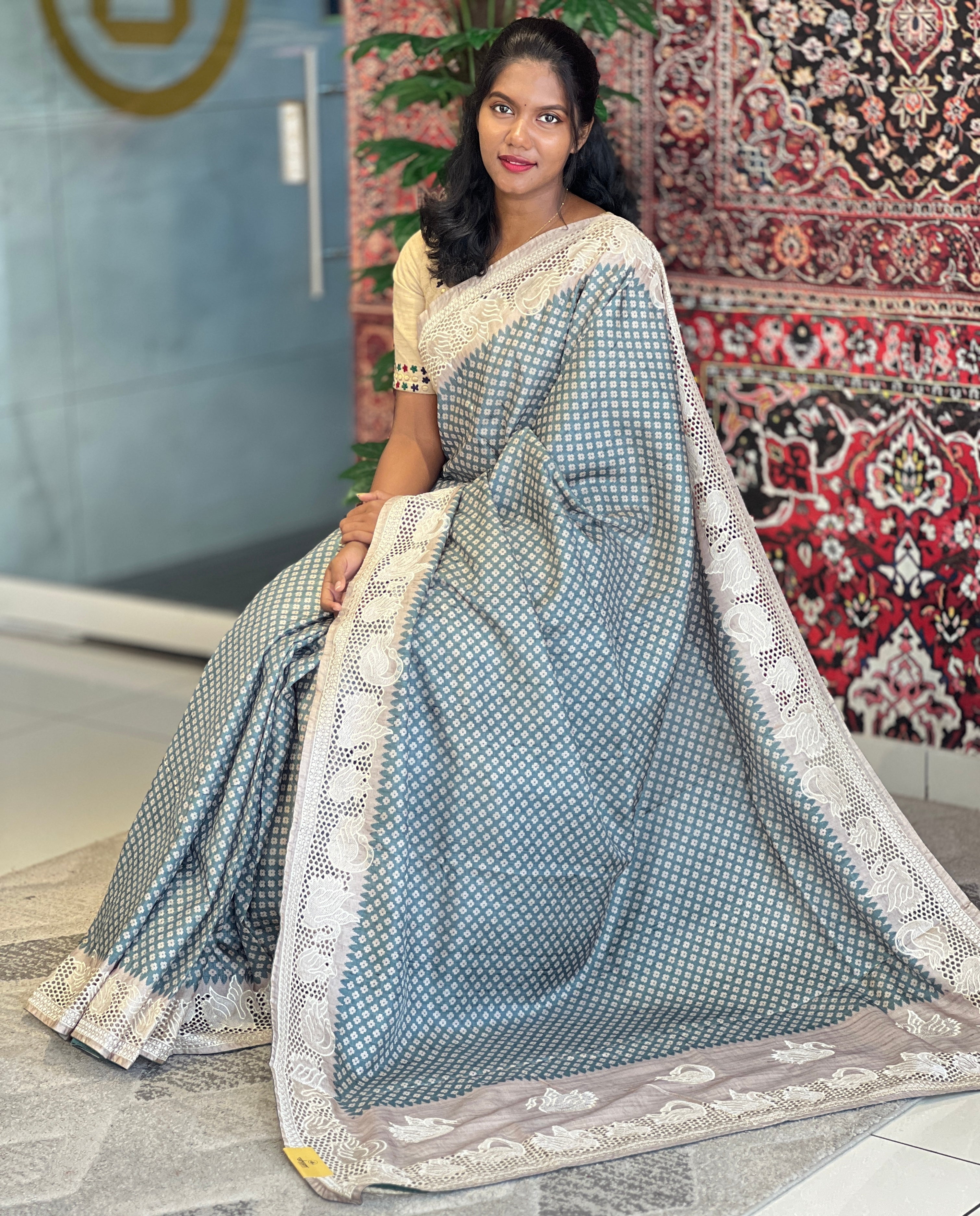 Printed Embroidery & Cutwork Detailed Semi Tussar Saree | SVF174