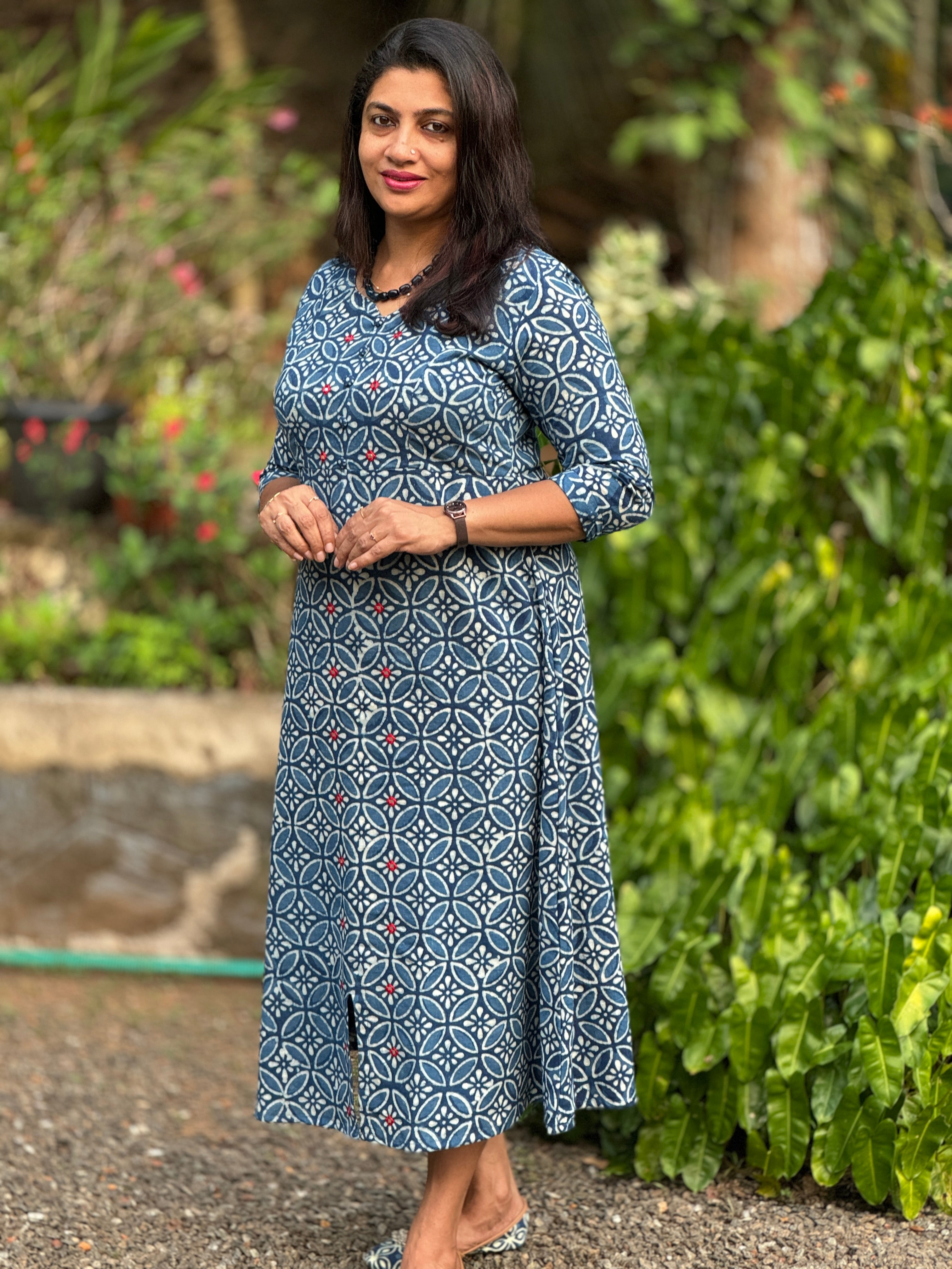 Block Print Design Indigo Kurta Material | DN546