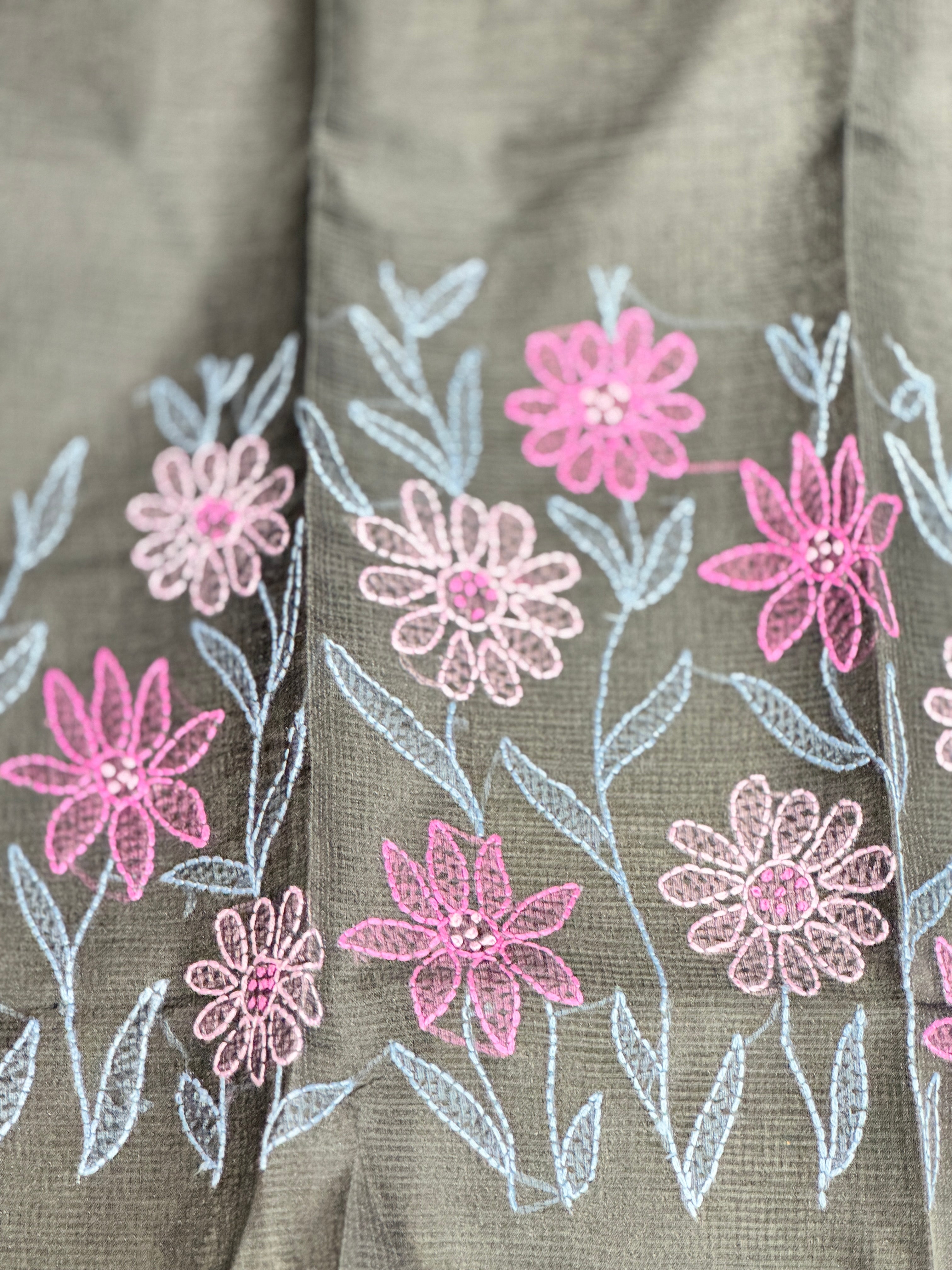 Floral Embroidery Detailed Muga Check Organza Saree | JSC450