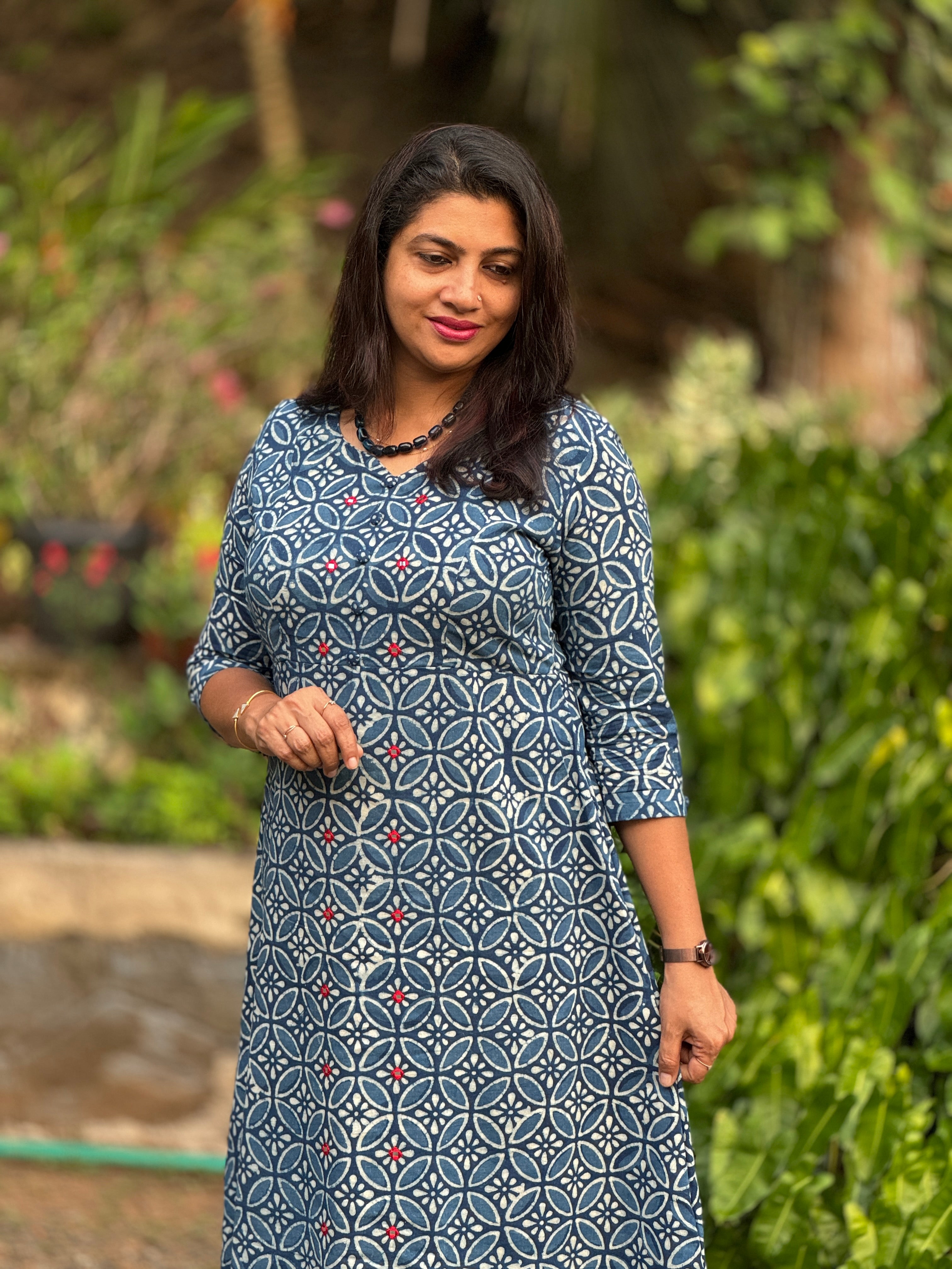 Block Print Design Indigo Kurta Material | DN546