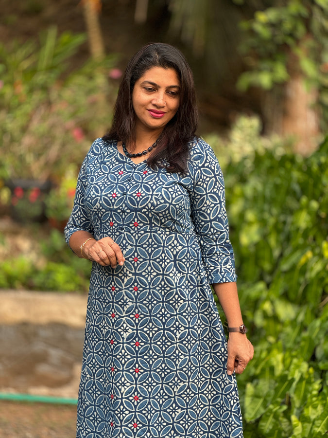 Block Print Design Indigo Kurta Material | DN546