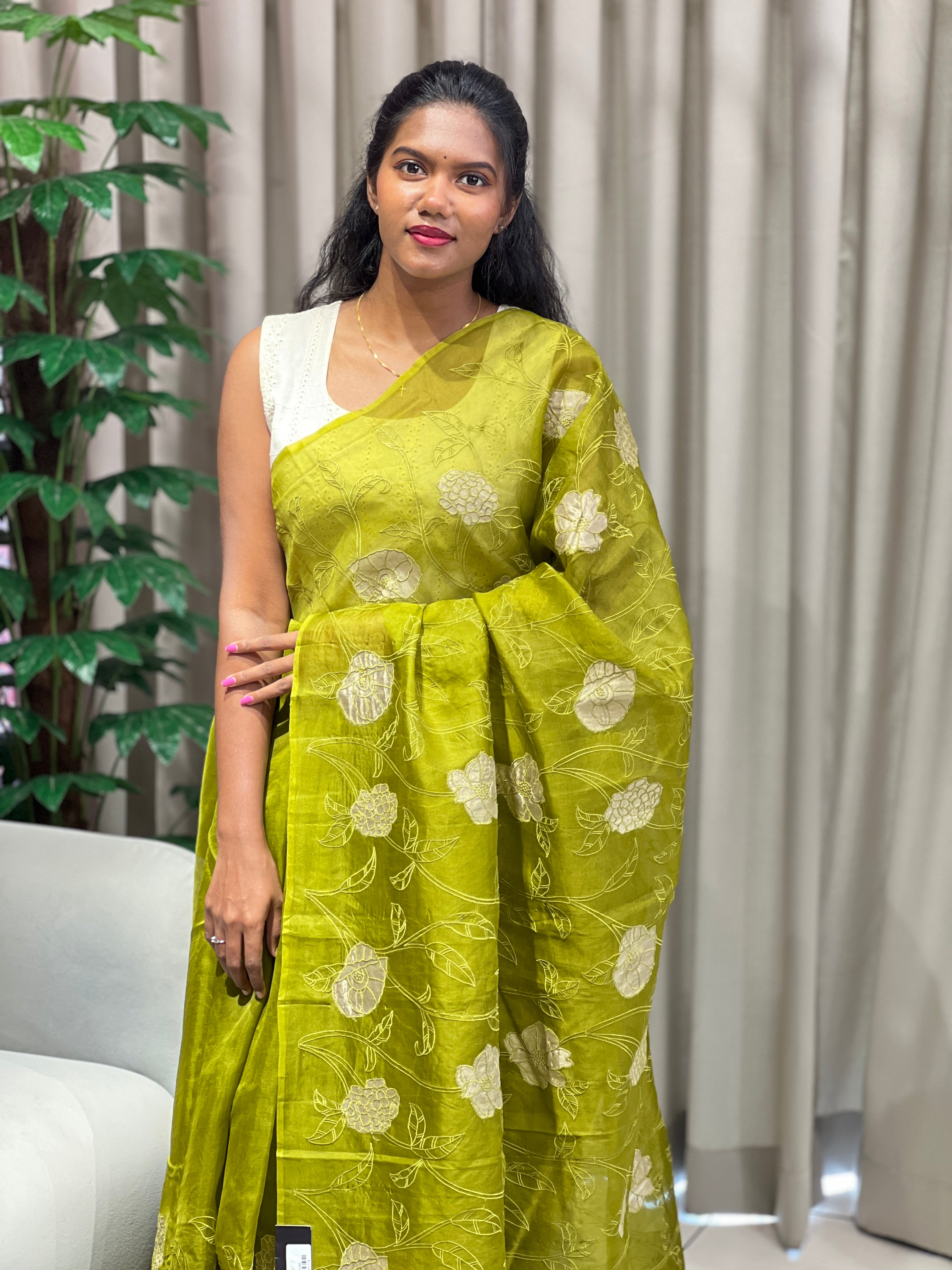 Tissue Floral Applique Detailed Pure Organza Saree | MM196