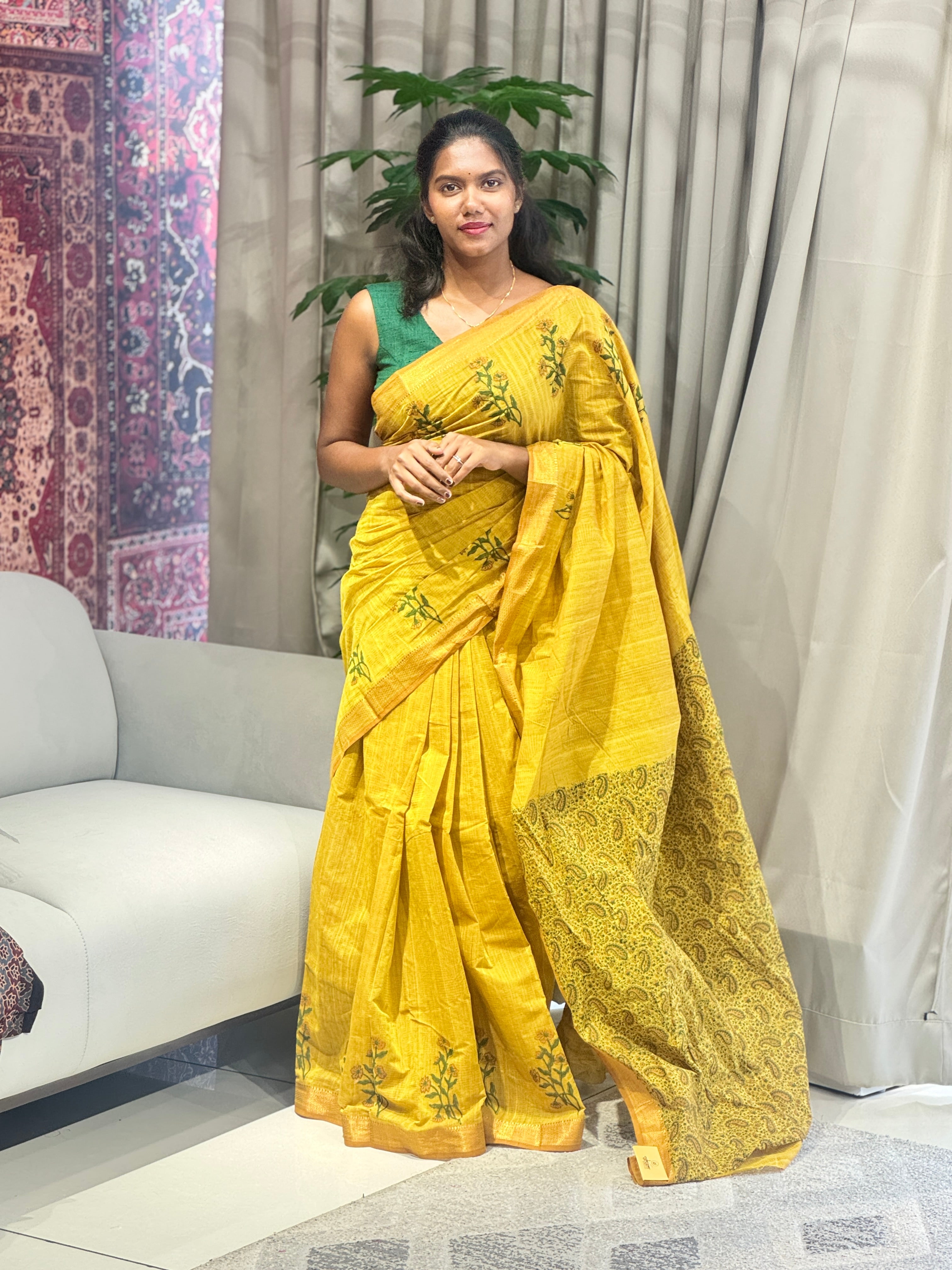 Block Print Detailed Chanderi Saree | JSC455