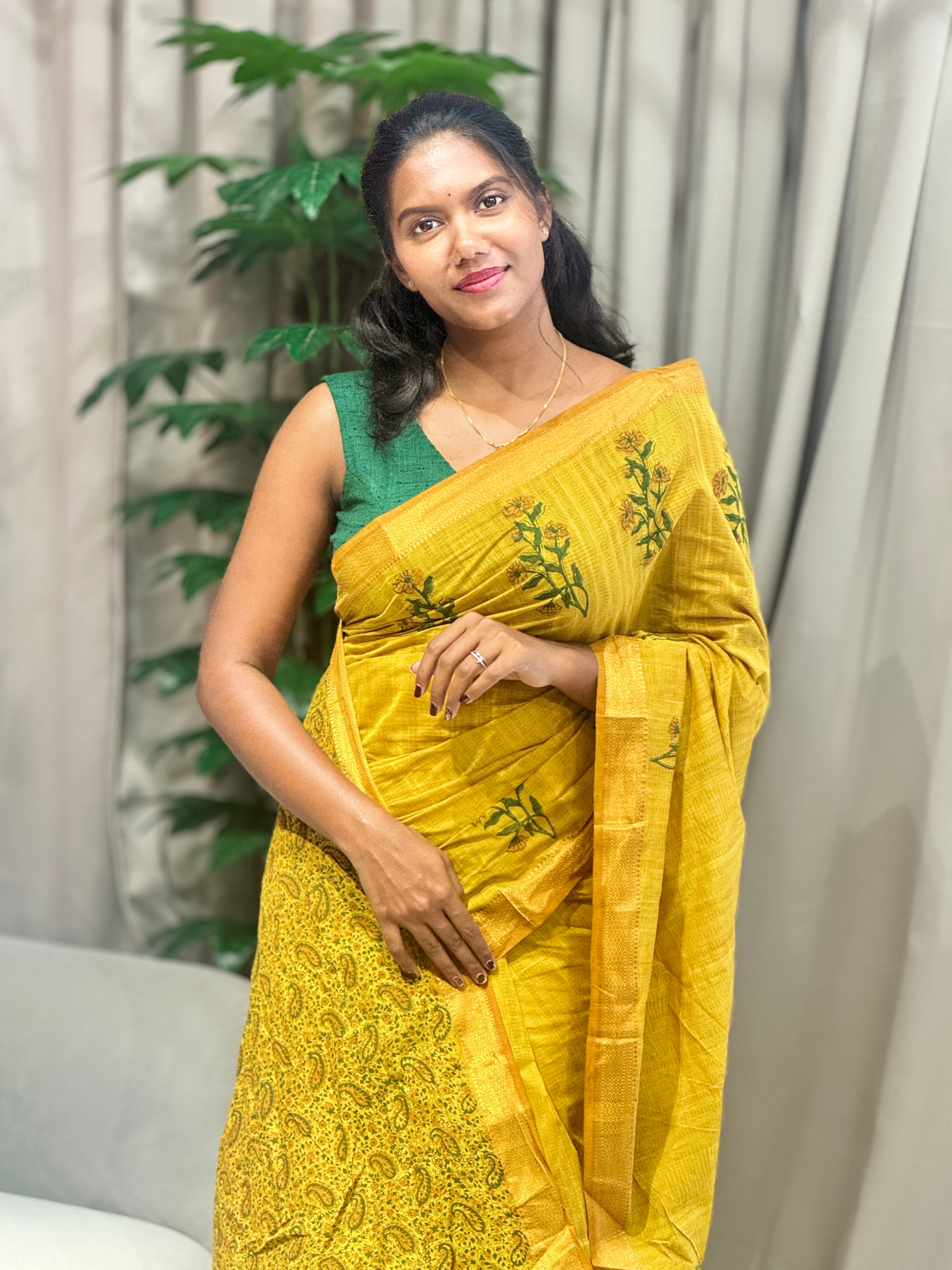 Block Print Detailed Chanderi Saree | JSC455