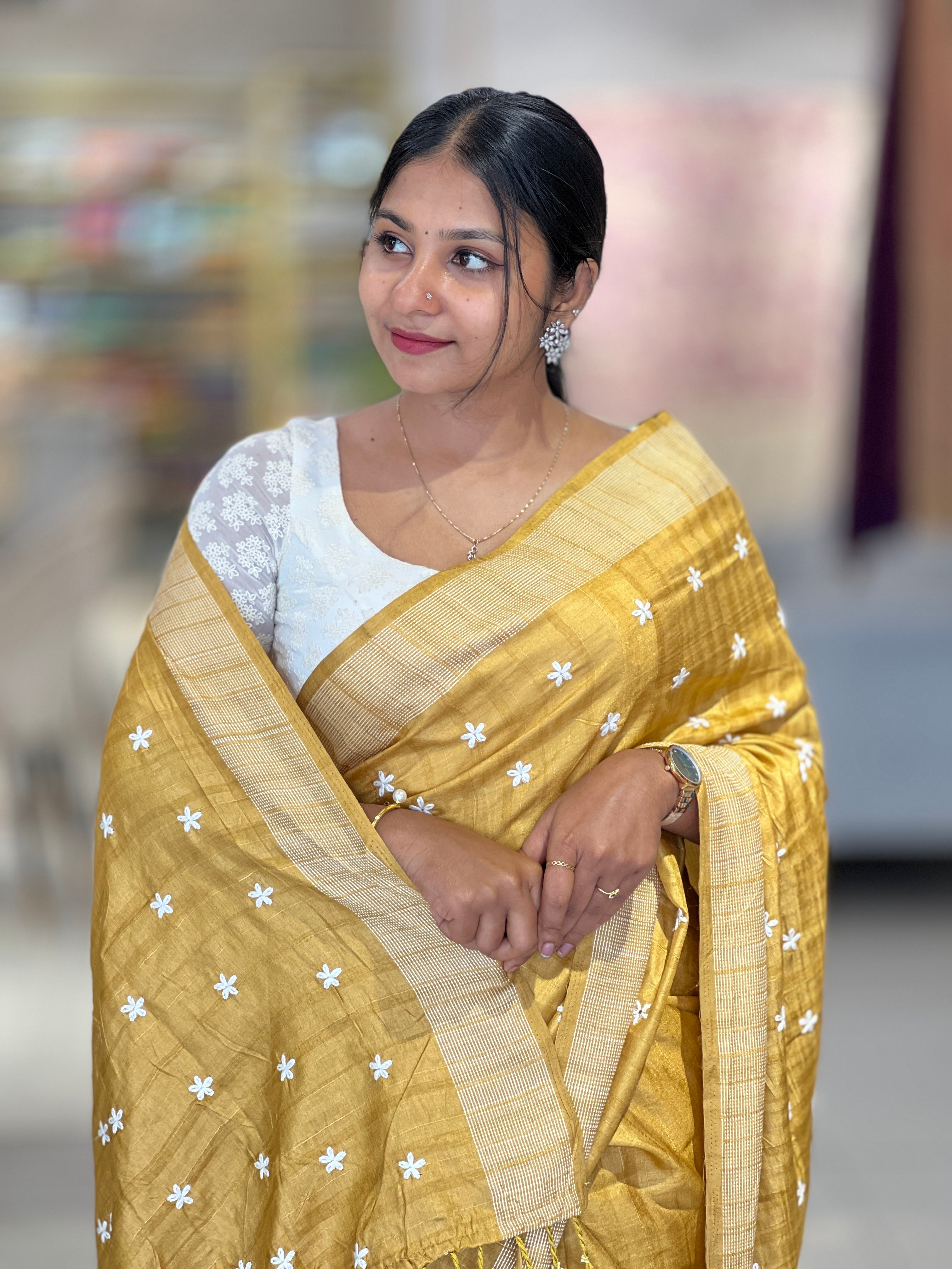 Lazy Daisy Machine Embroidered Tussar Finish Saree | SUN456