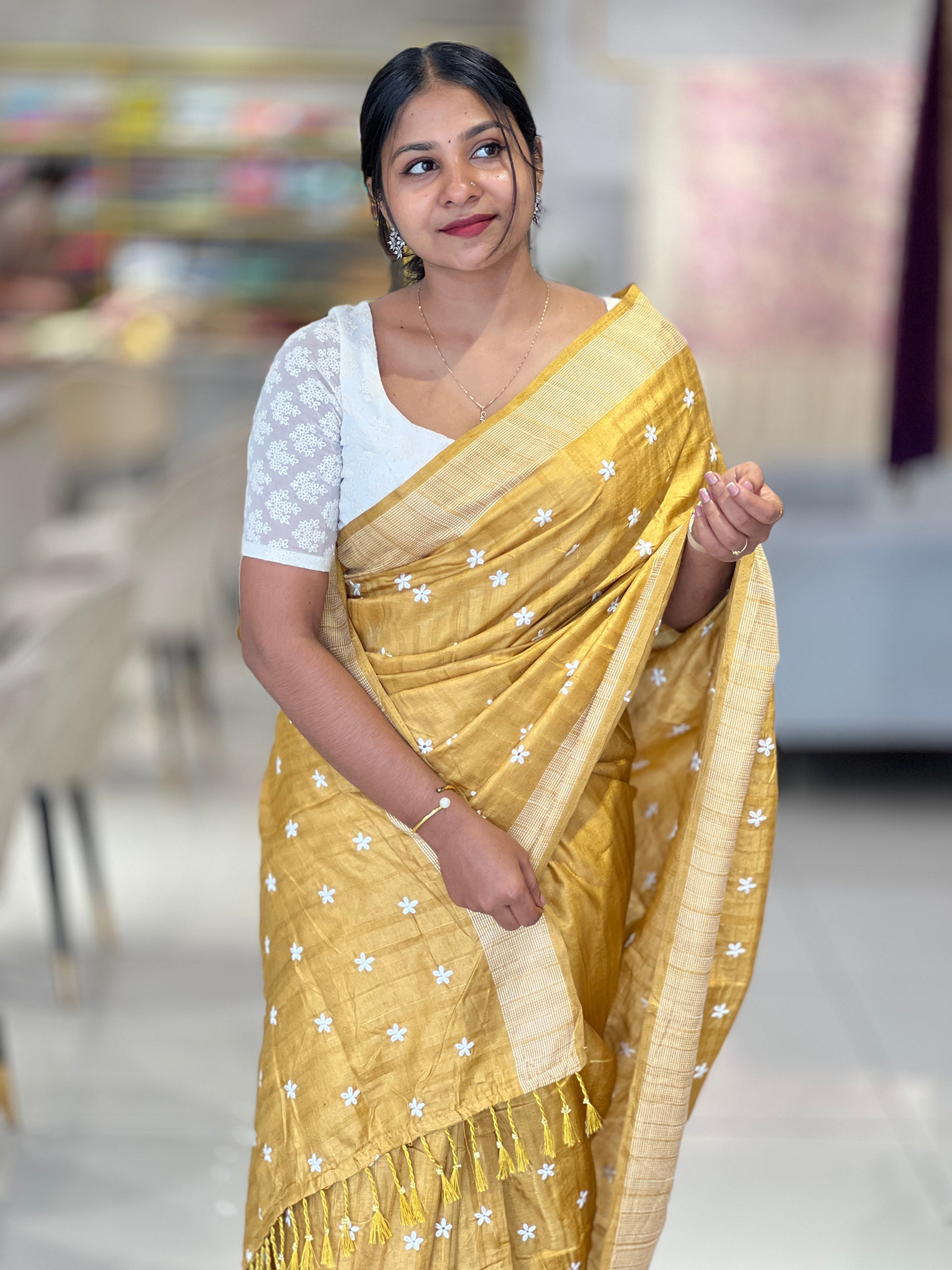 Lazy Daisy Machine Embroidered Tussar Finish Saree | SUN456