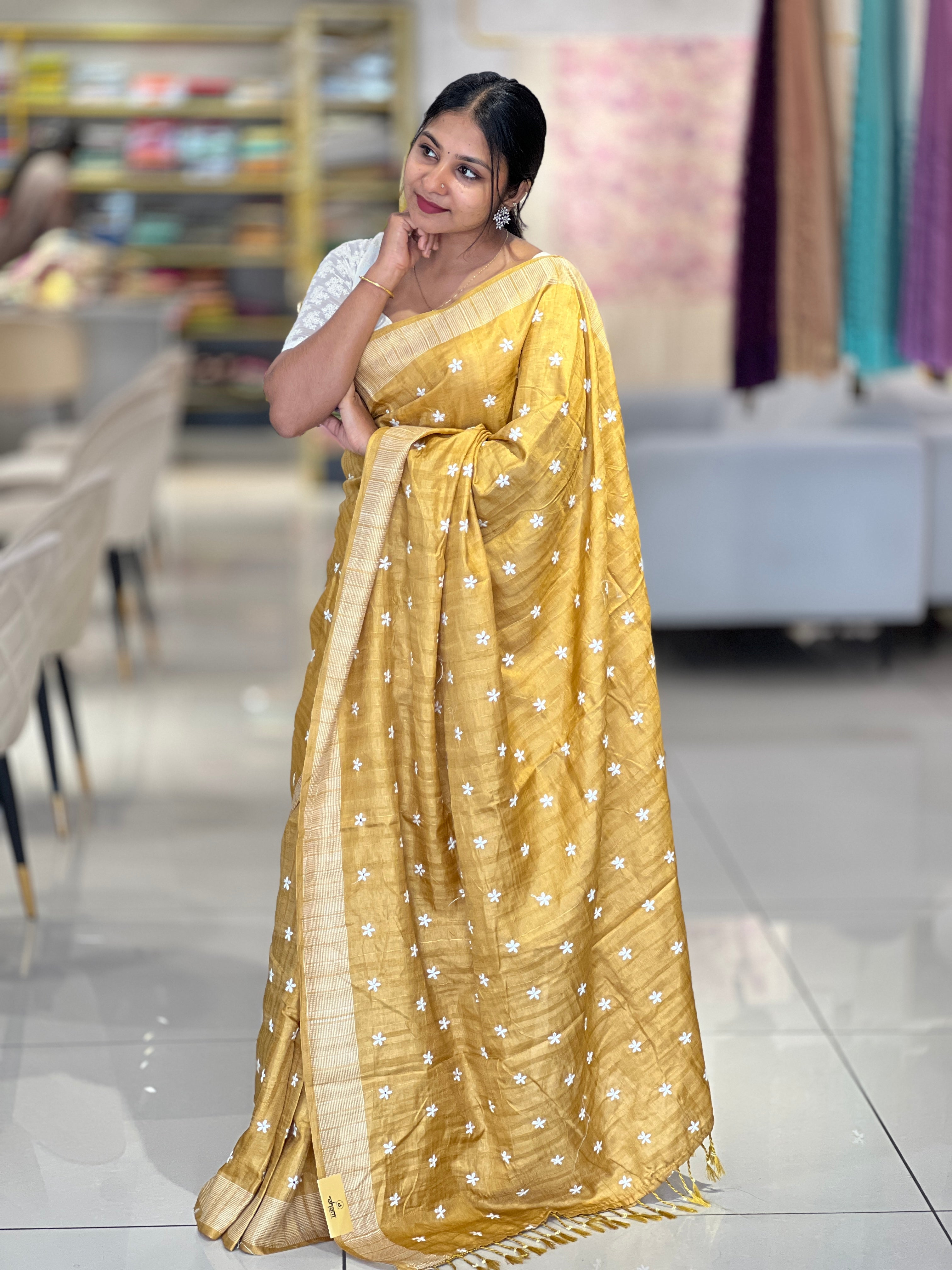 Lazy Daisy Machine Embroidered Tussar Finish Saree | SUN456