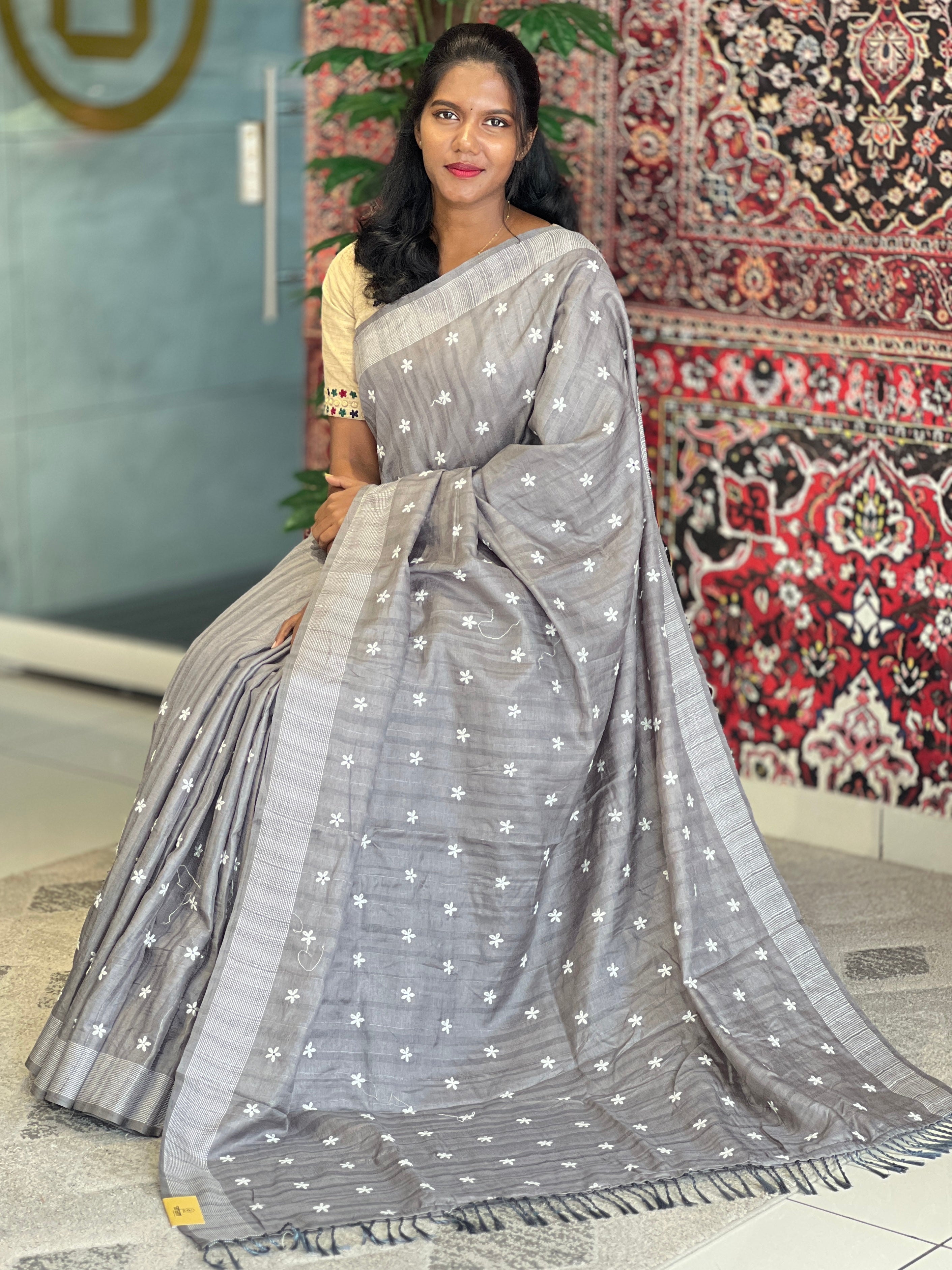 Lazy Daisy Machine Embroidered Tussar Finish Saree | SUN453