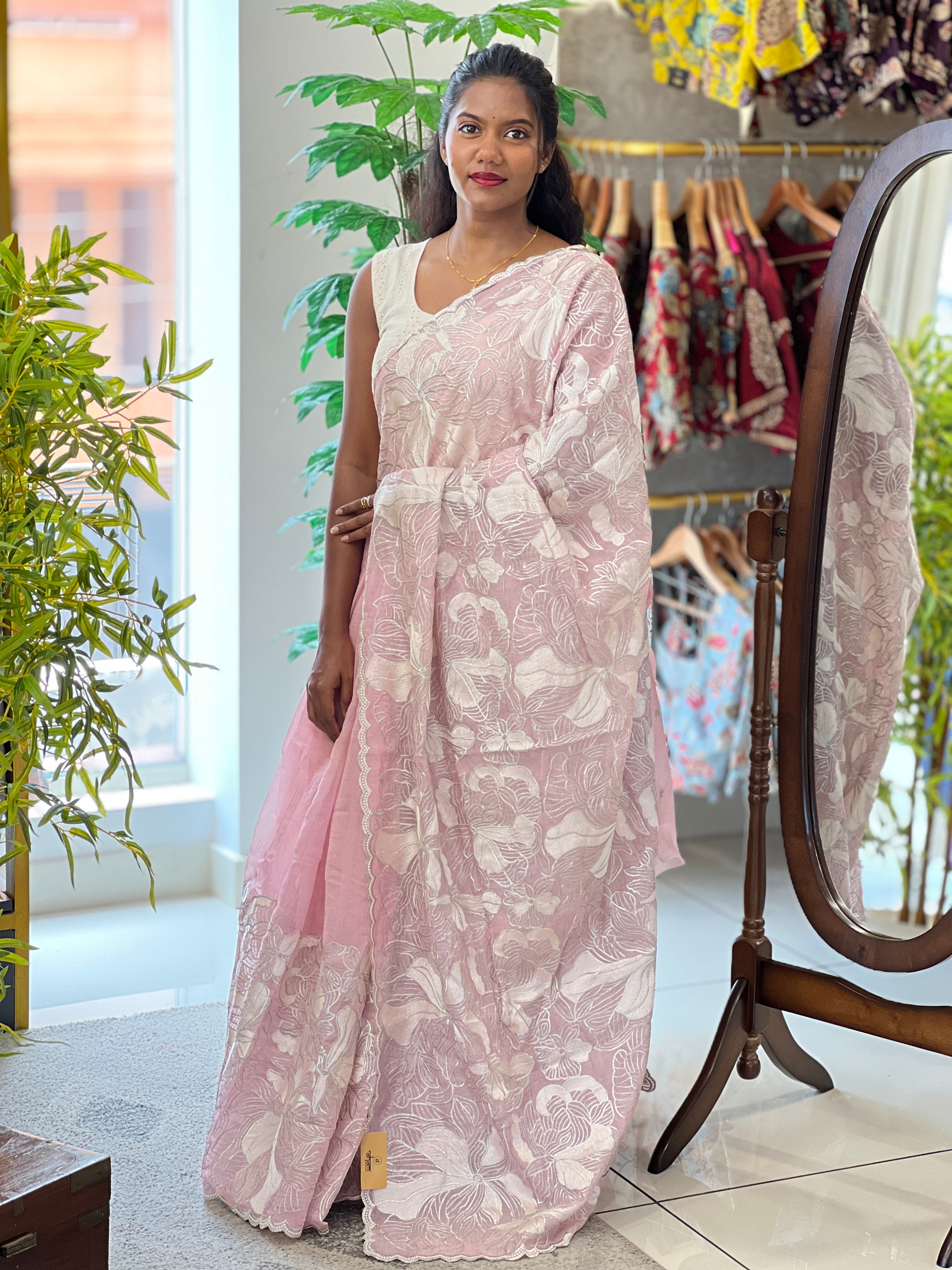 Floral Embroidered Crushed Organza Saree | HT455