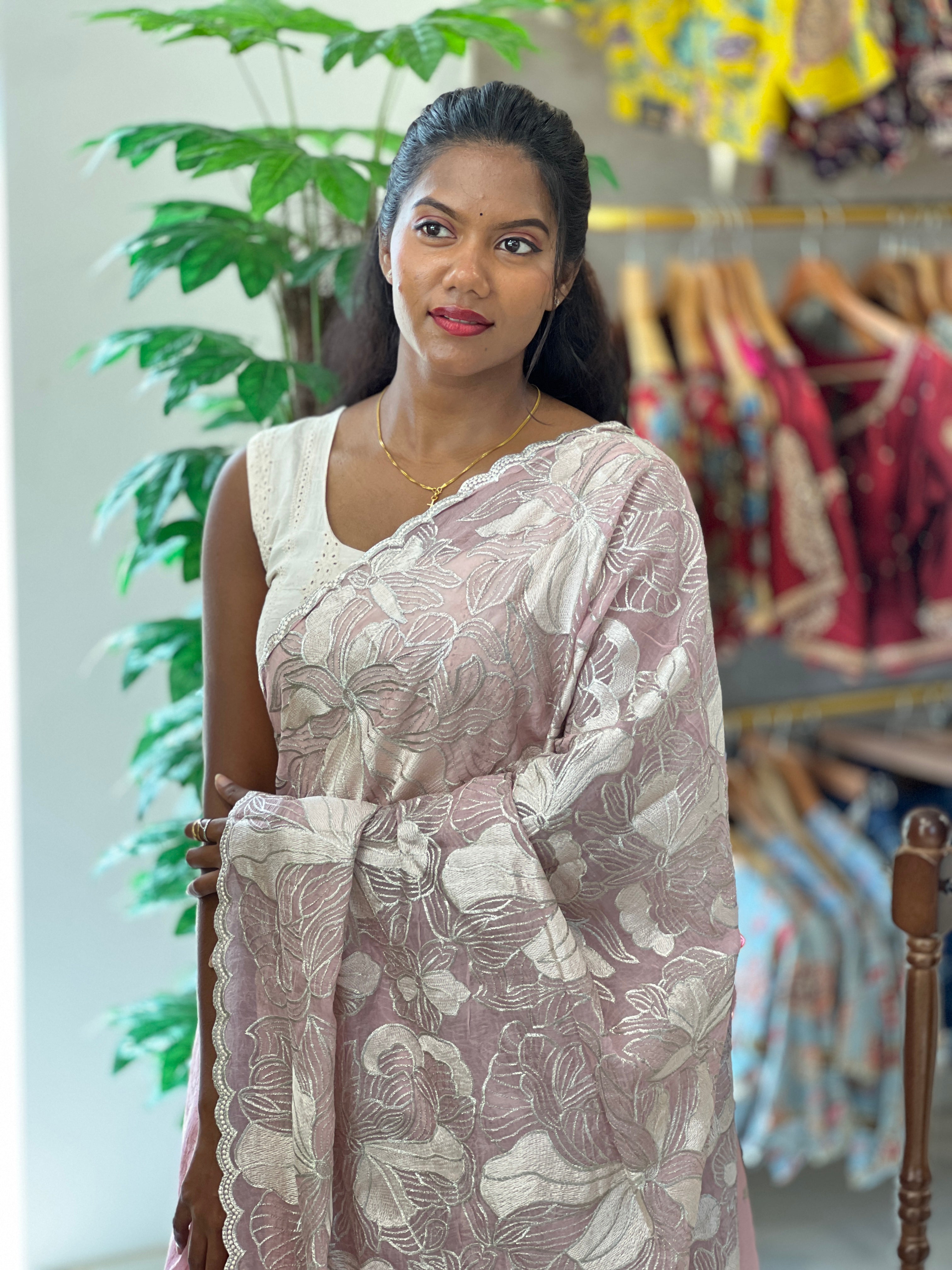 Floral Embroidered Crushed Organza Saree | HT455