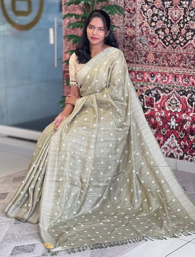 Lazy Daisy Machine Embroidered Tussar Finish Saree | SUN452