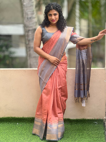 Geometrical Weaving pattern Bhagalpuri Linen Saree | SK274