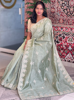 Machine Embroidery Detailed Tussar Finish Saree | RP755