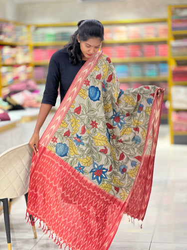 Pen Kalamkari With Ikat Border Detailed Chanderi Dupatta | DE212