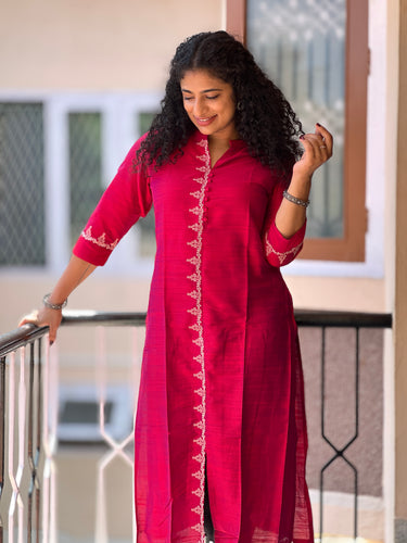 Floral Machine Embroidery Slub Silk Kurta | VS118