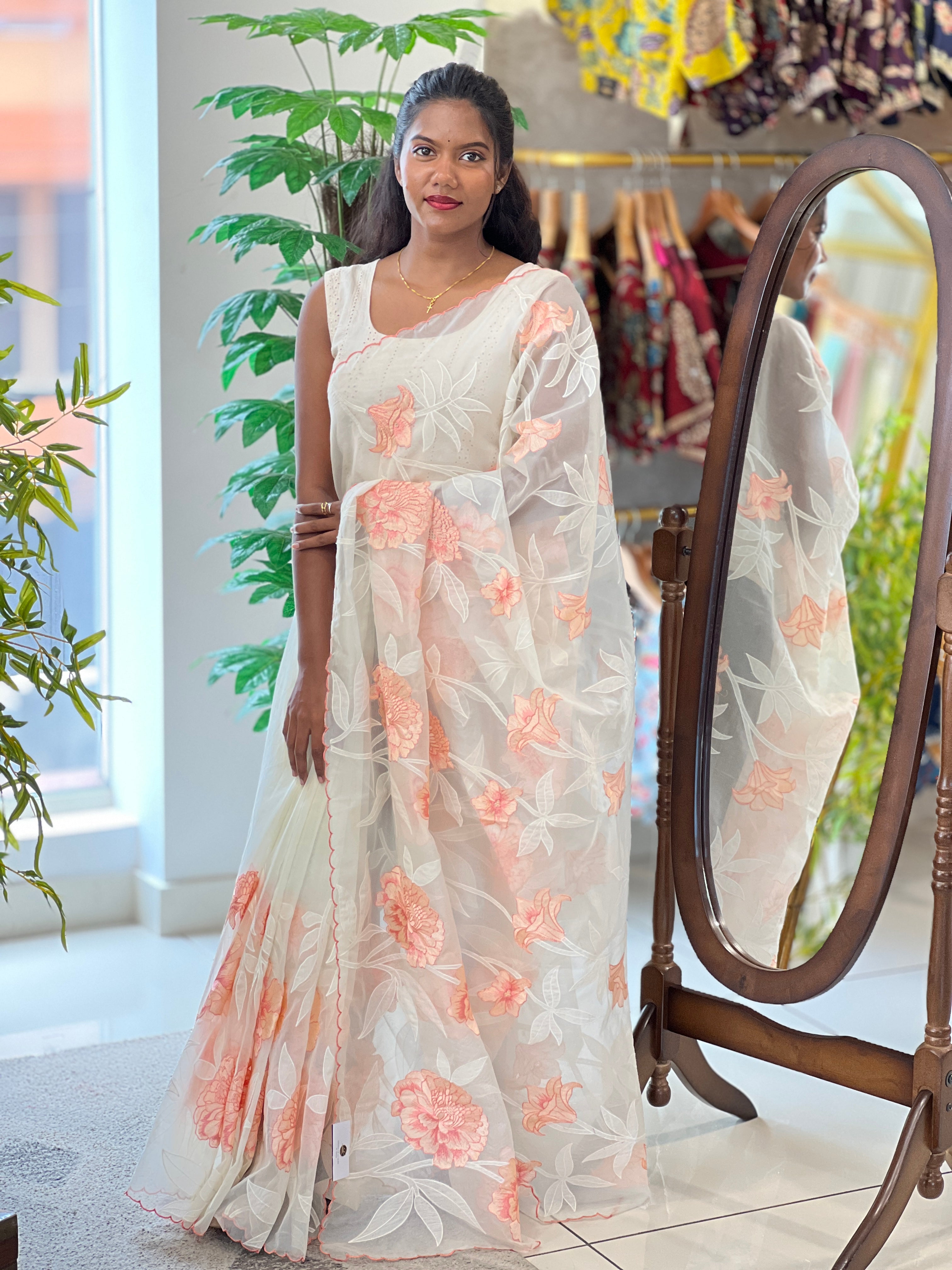 Applique Work & Embroidery Detailed Organza Saree | MM155