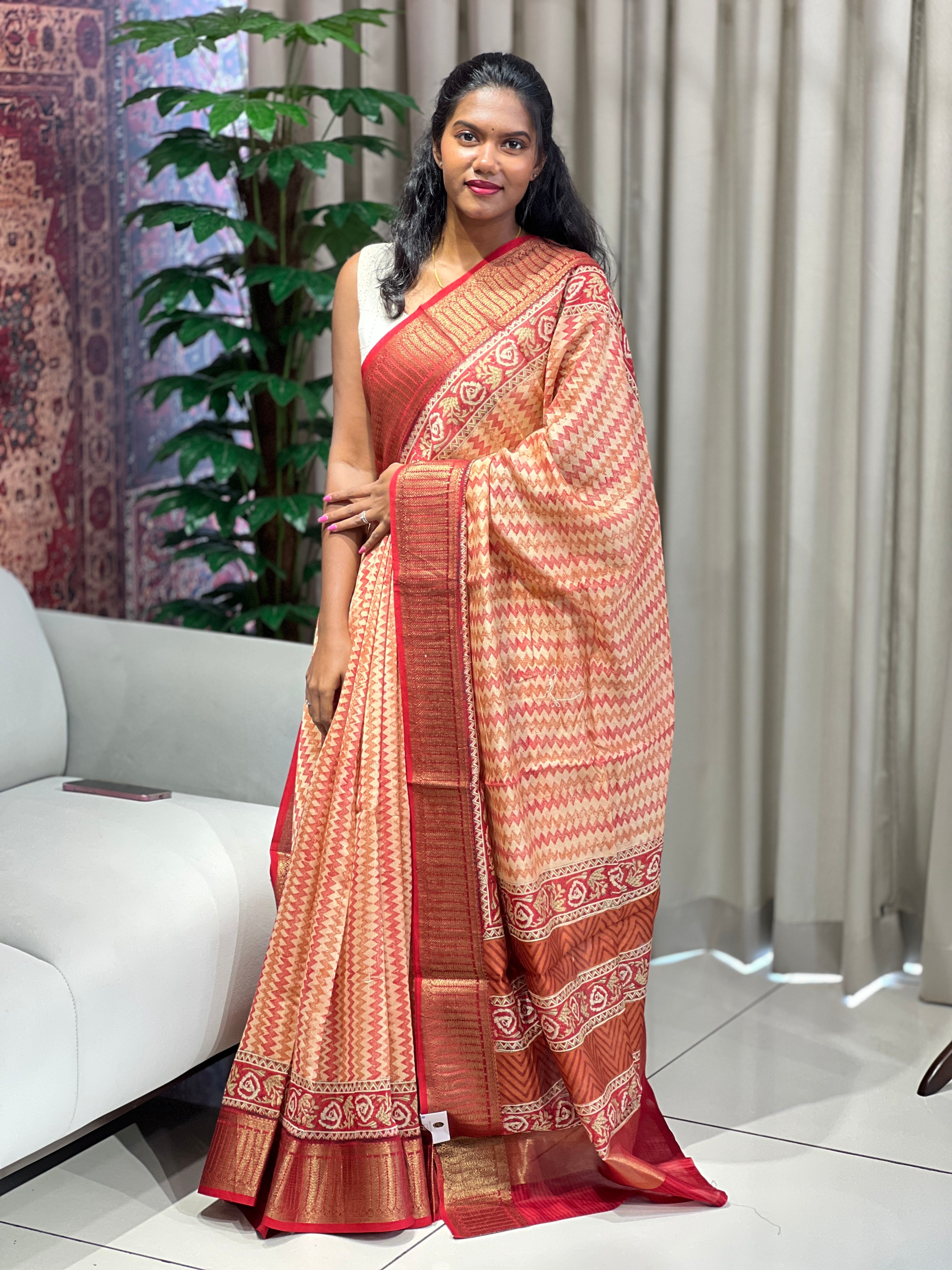 Zig Zag Printed Chanderi Silk Saree | RGD815