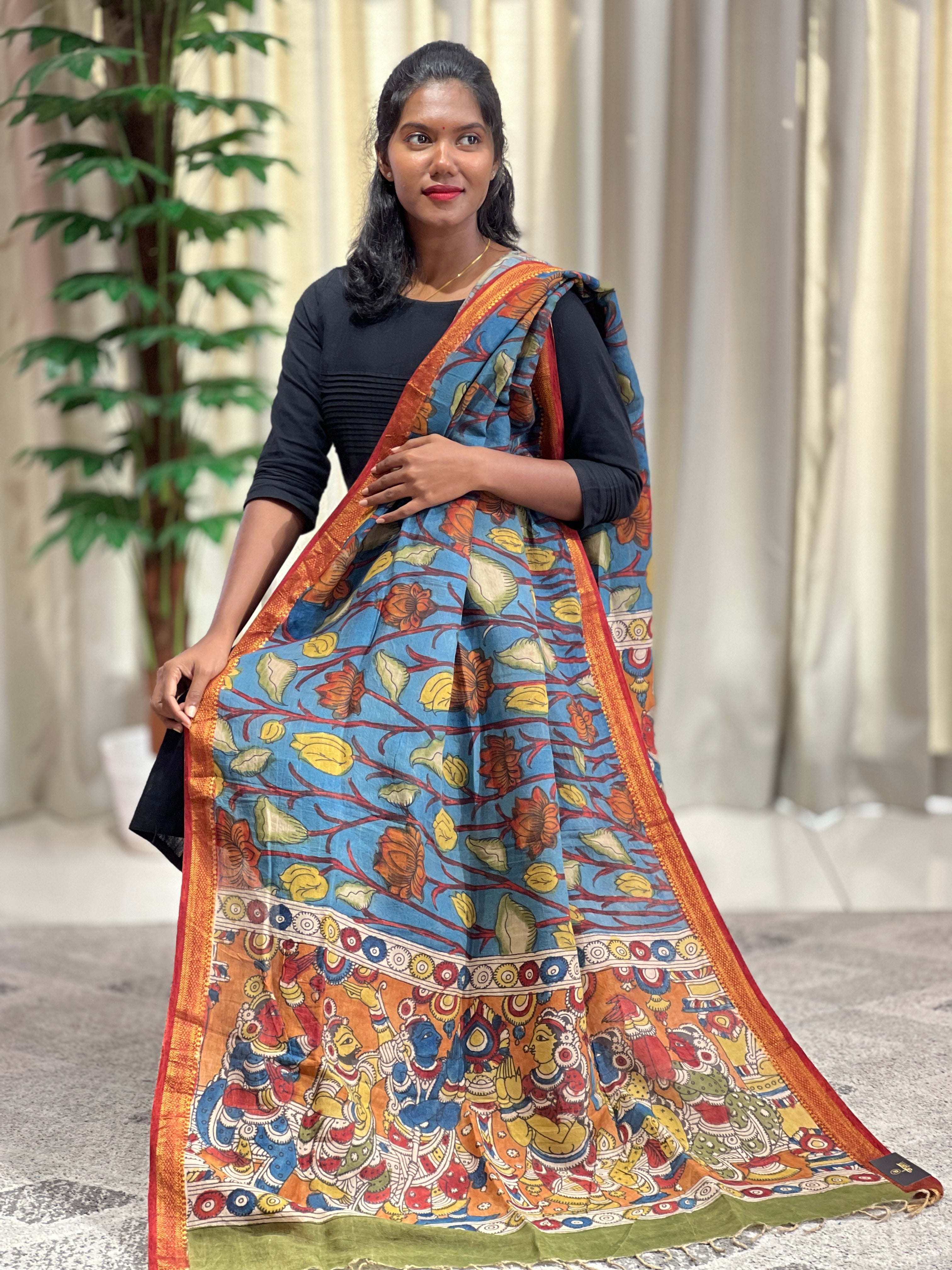 Pen Kalamkari With Mangalgiri Border Detailed Chanderi Dupatta | DE192