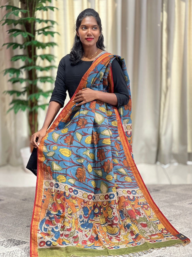 Pen Kalamkari With Mangalgiri Border Detailed Chanderi Dupatta | DE192