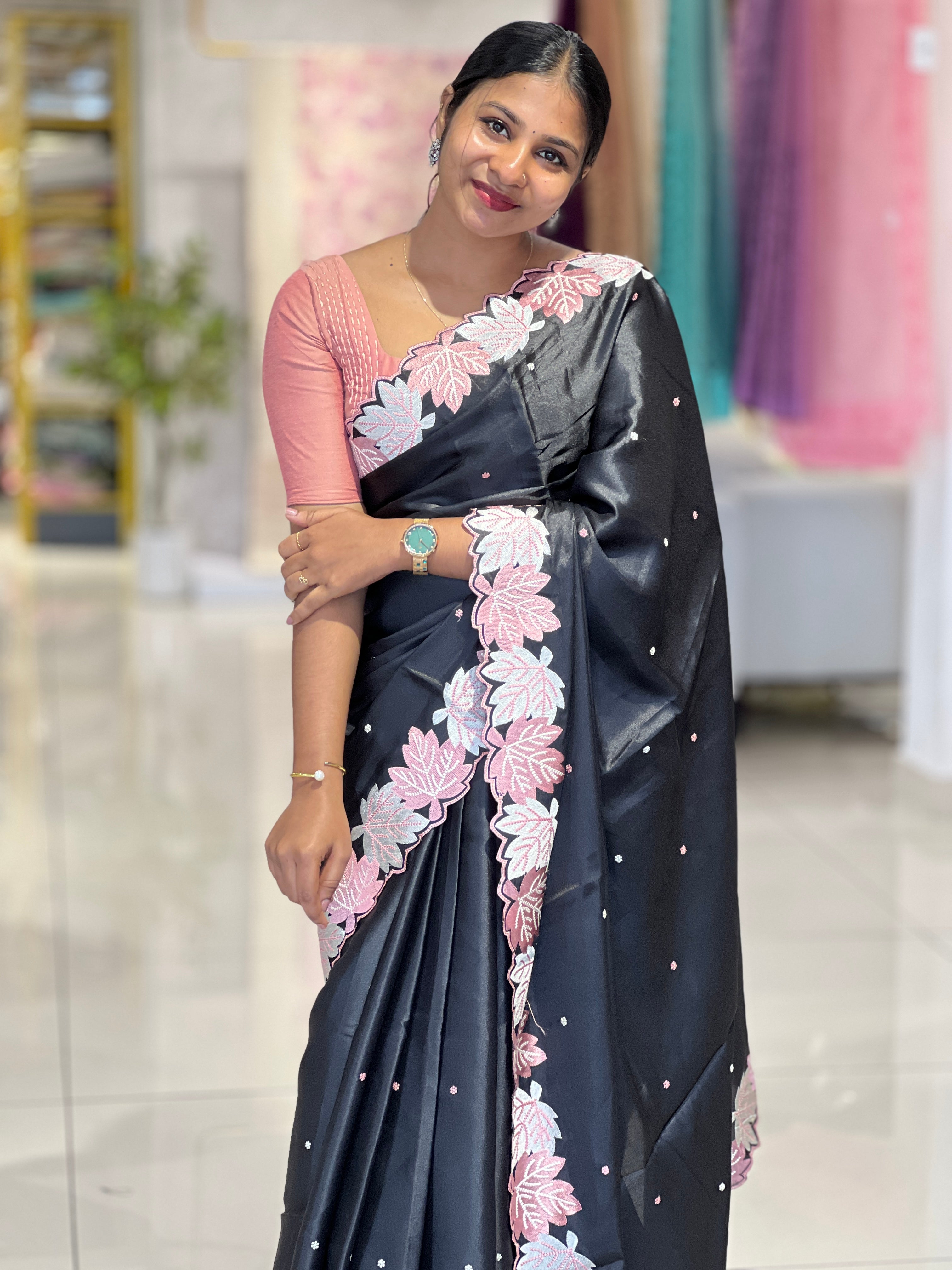 Machine Embroidery Leaf Patterned Tussar Finish Saree | SUN428