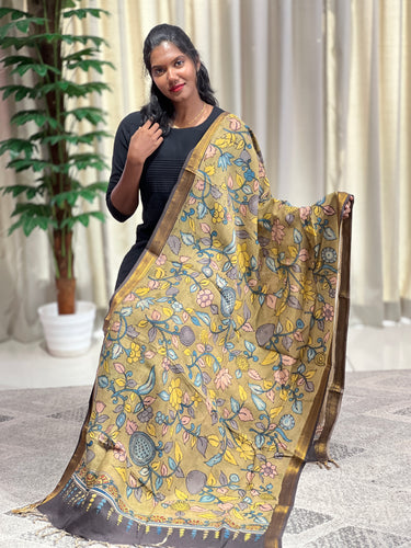 Pen Kalamkari With Mangalgiri Border Detailed Chanderi Dupatta | DE197