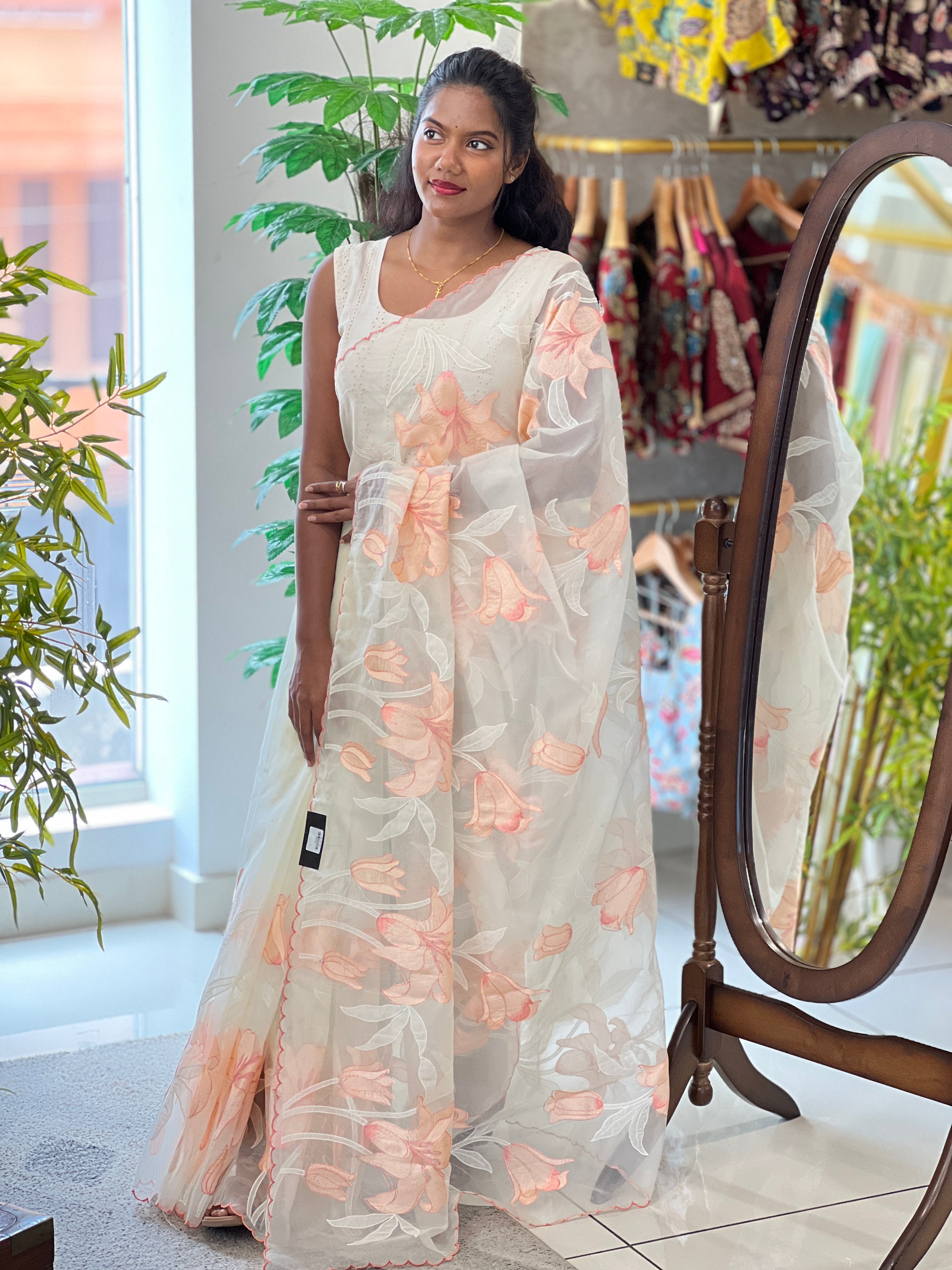 Applique Work & Embroidery Detailed Organza Saree | MM160