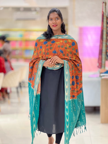 Pen Kalamkari With Ikat Border Detailed Chanderi Dupatta | DE213
