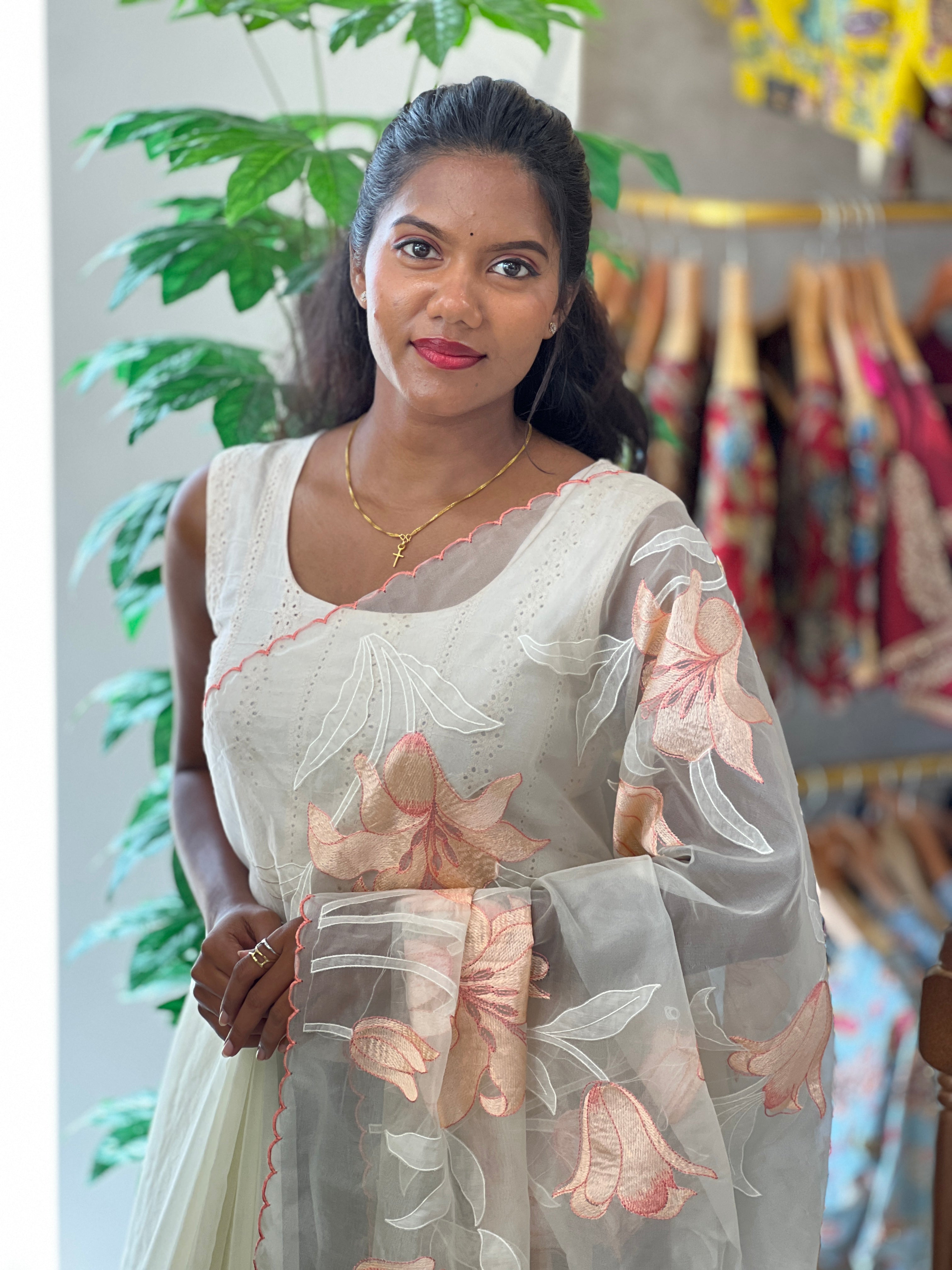 Applique Work & Embroidery Detailed Organza Saree | MM160