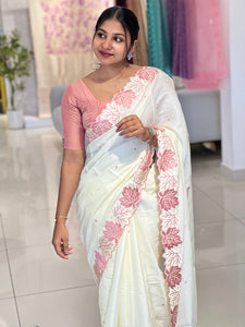 Machine Embroidery Leaf Patterned Tussar Finish Saree | SUN429