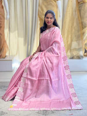 Machine Embroidery Leaf Patterned Tussar Finish Saree | SUN430