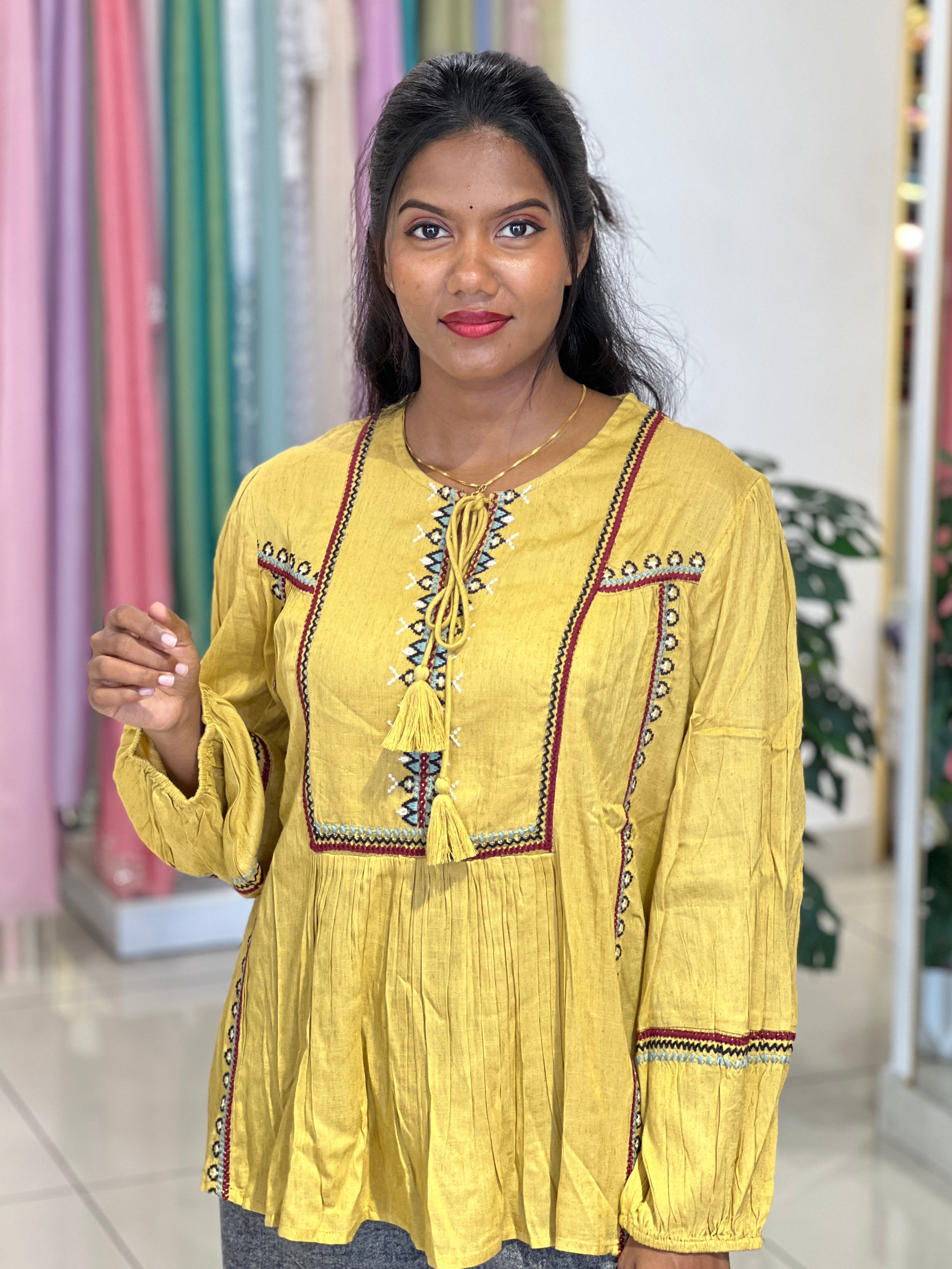 Machine Embroidery Linen Cotton Short Kurta | AOR104