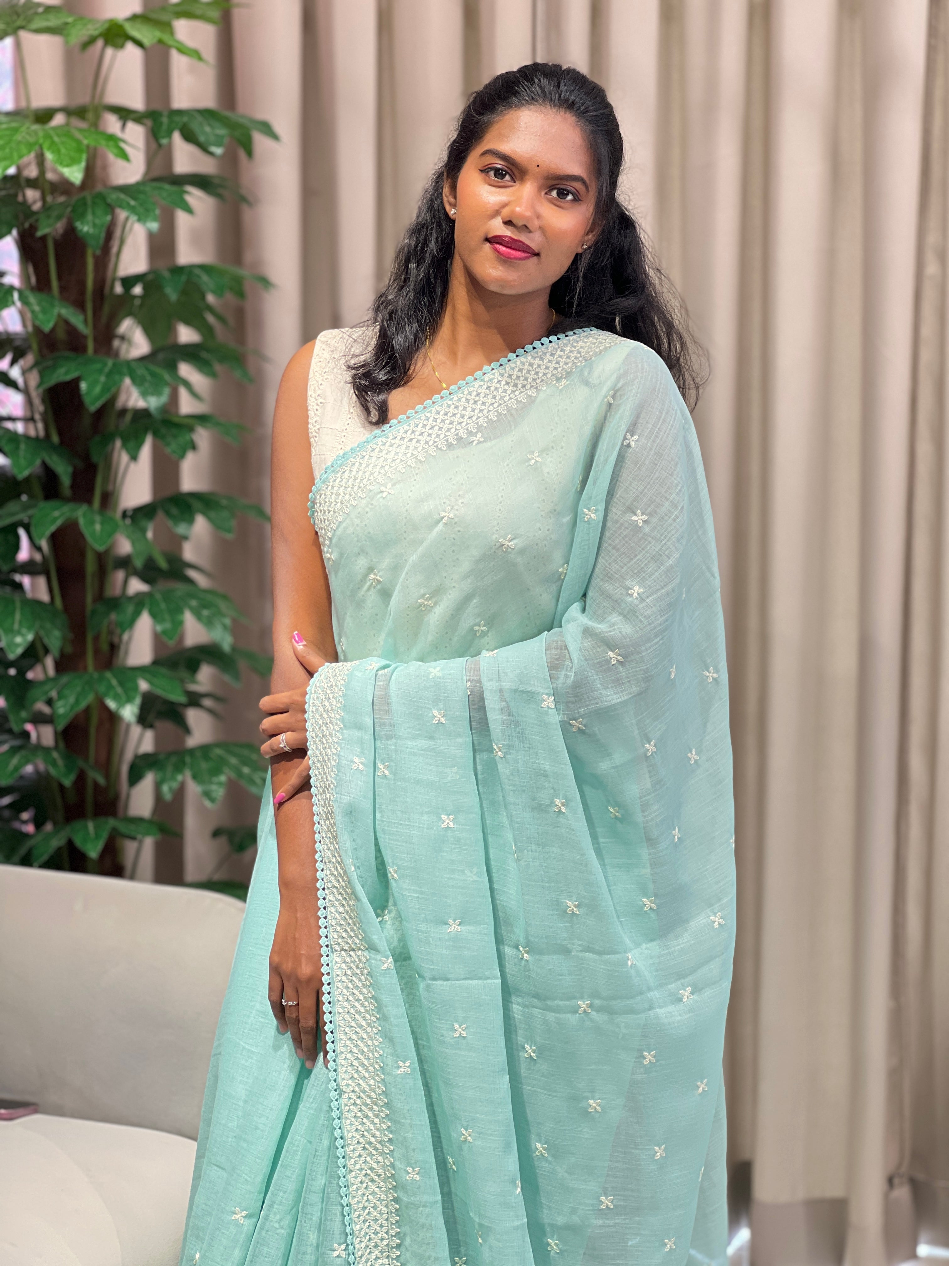 Machine Embroidery Detailed Semi Linen Saree | BLD2076