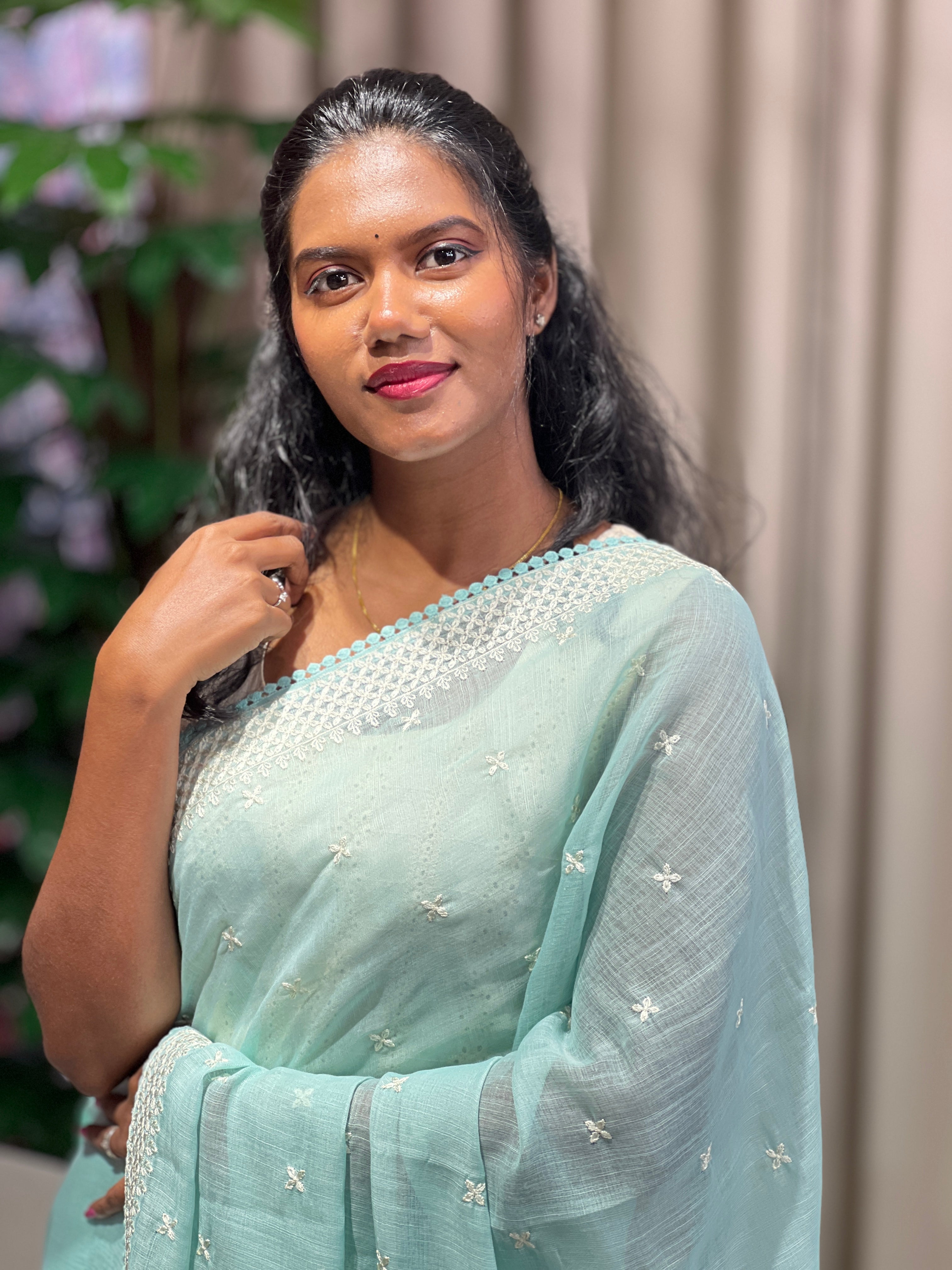 Machine Embroidery Detailed Semi Linen Saree | BLD2076