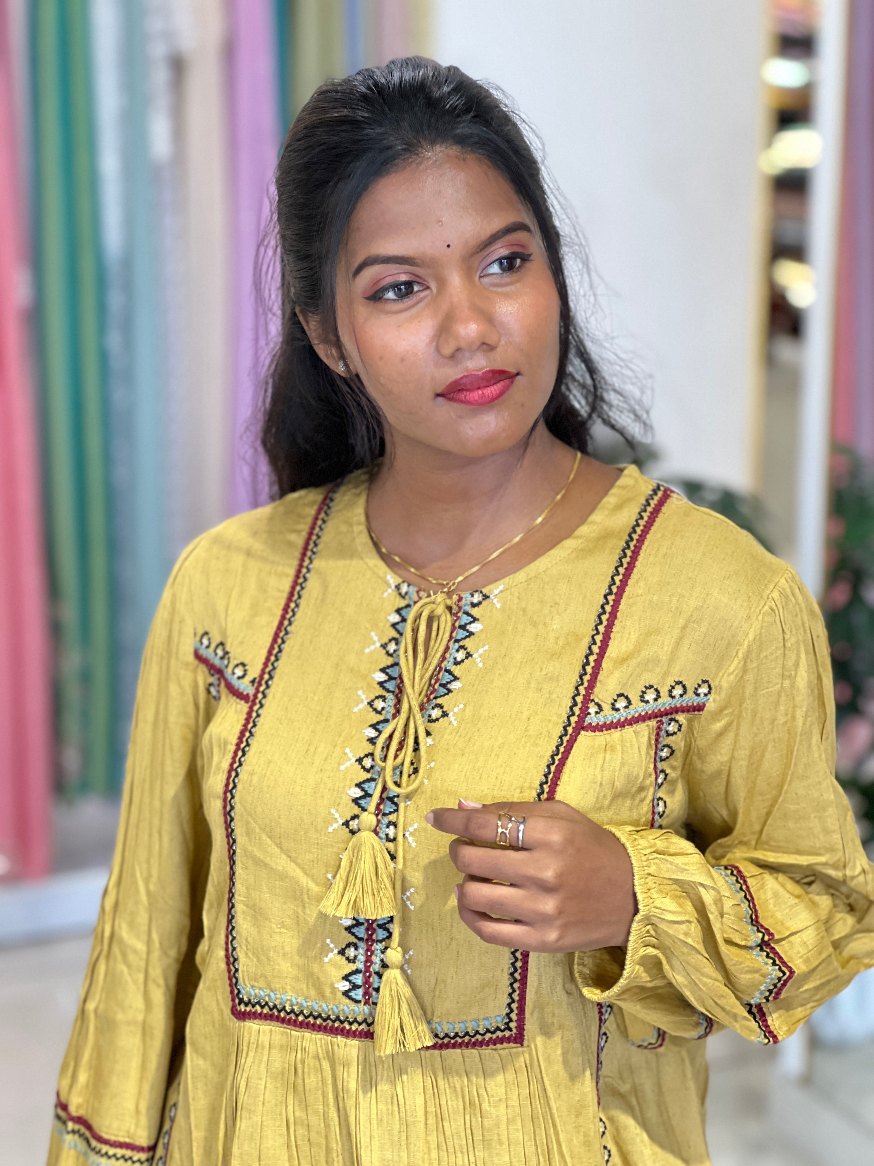 Machine Embroidery Linen Cotton Short Kurta | AOR104