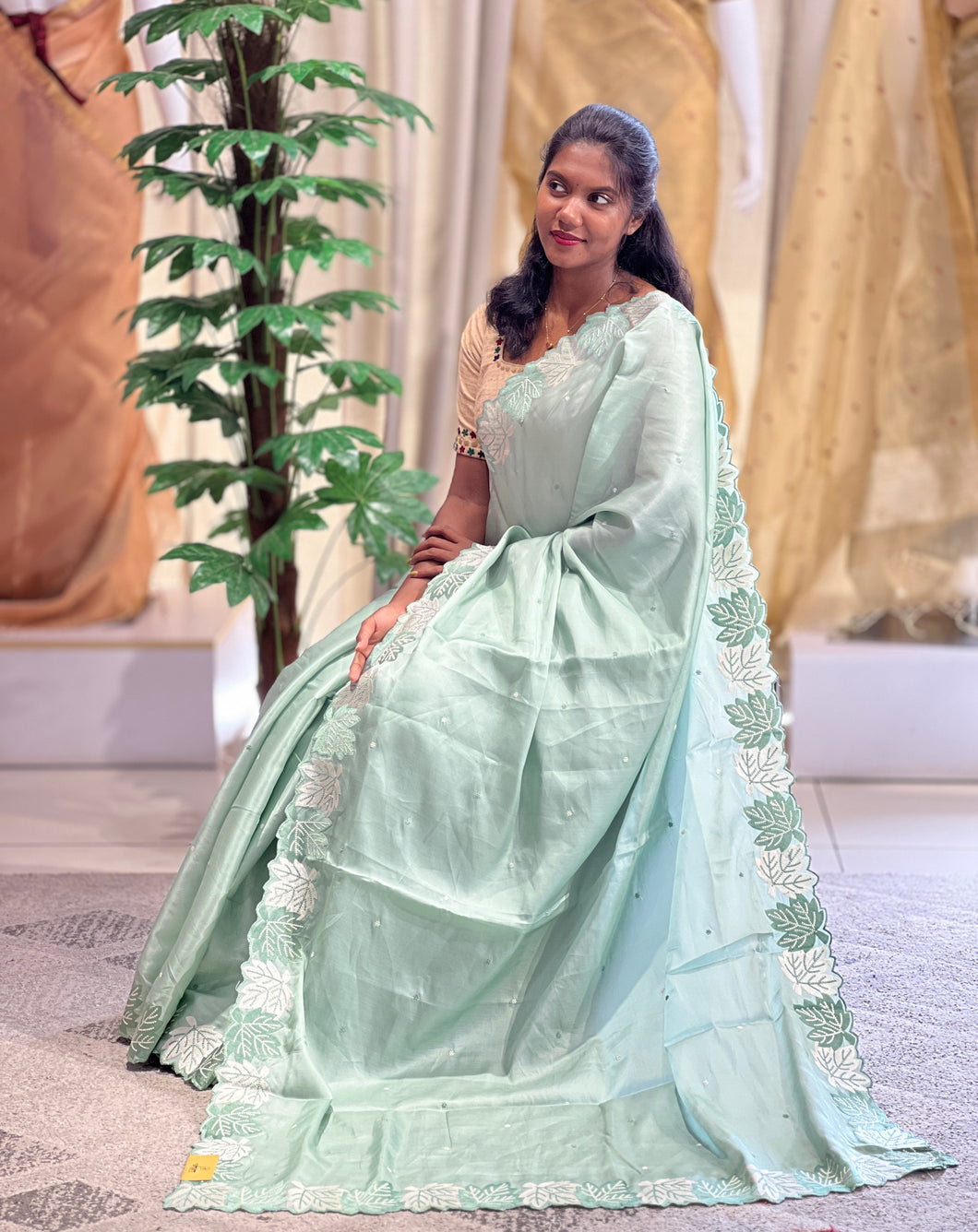 Machine Embroidery Leaf Patterned Tussar Finish Saree | SUN431