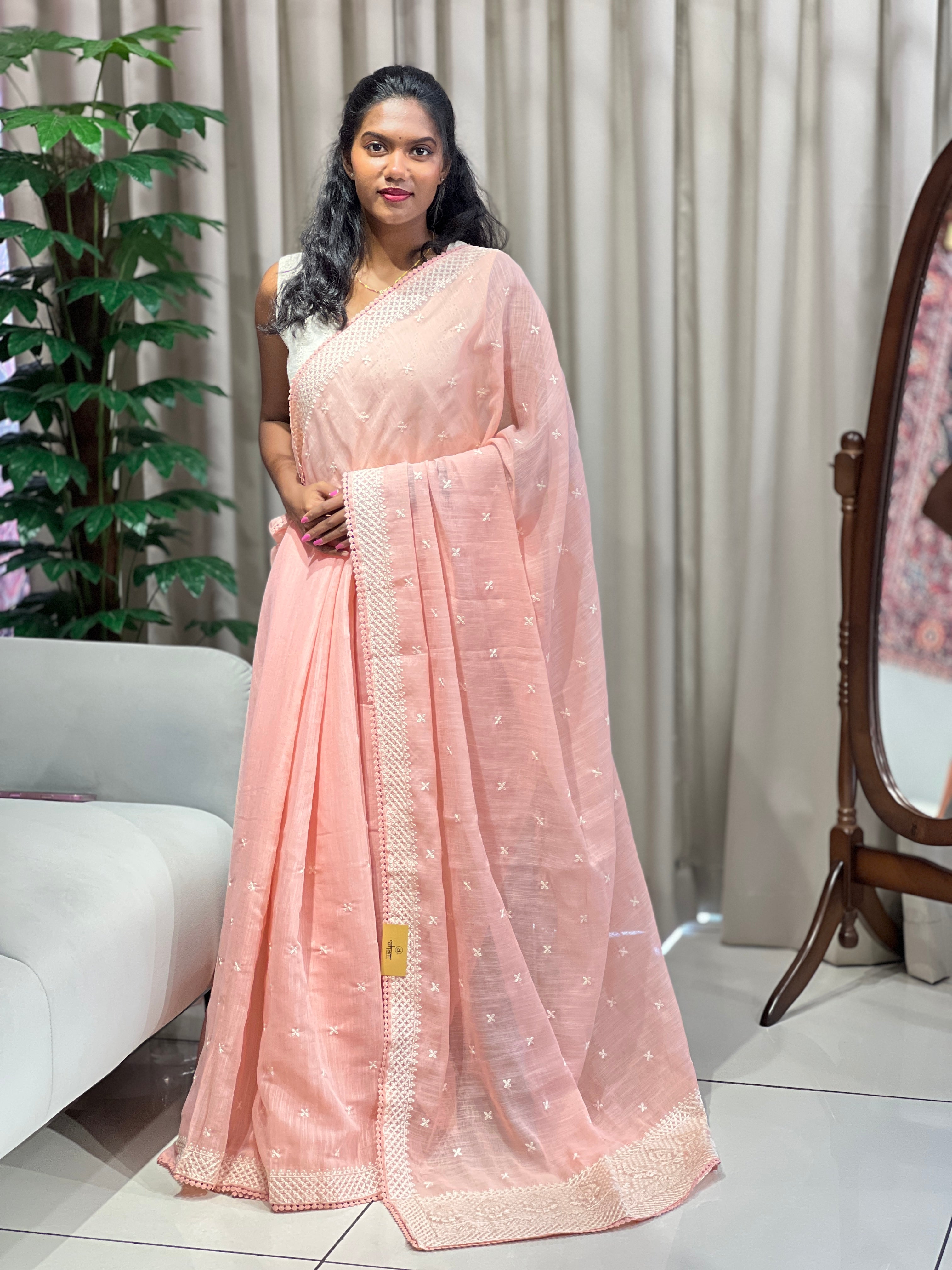 Machine Embroidery Detailed Semi Linen Saree | BLD2077