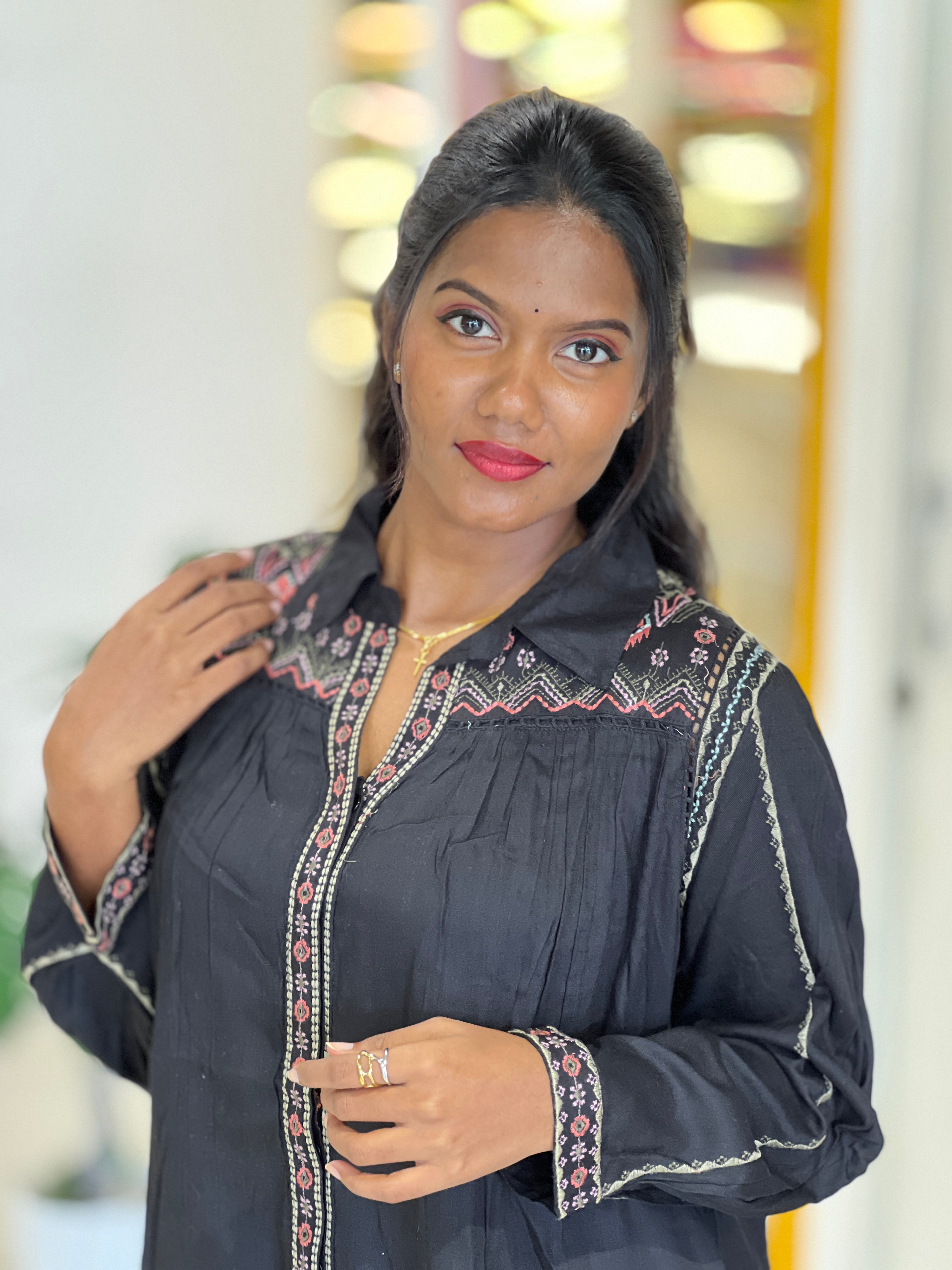 Machine Embroidery Linen Cotton Short Kurta | AOR110