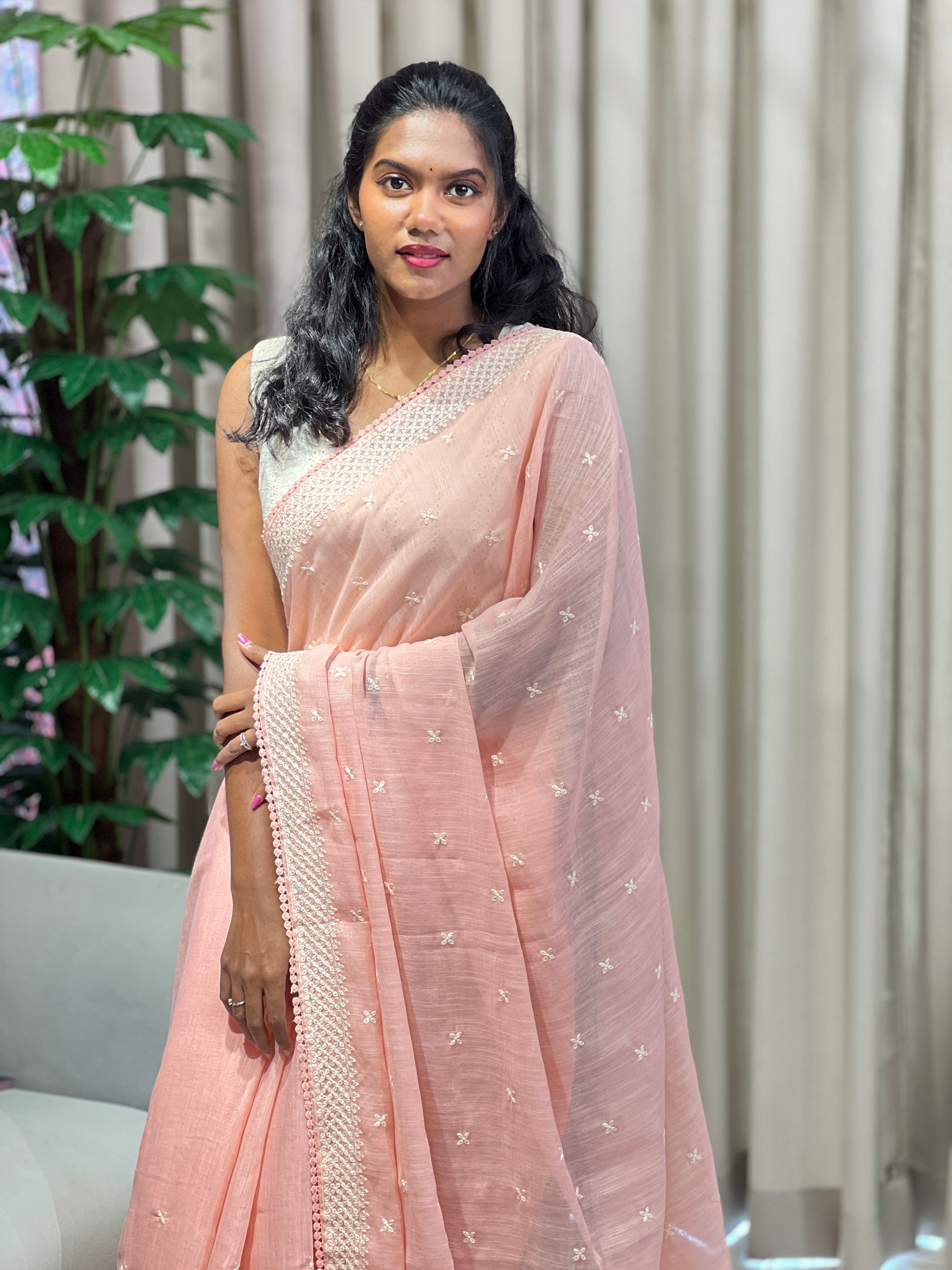 Machine Embroidery Detailed Semi Linen Saree | BLD2077