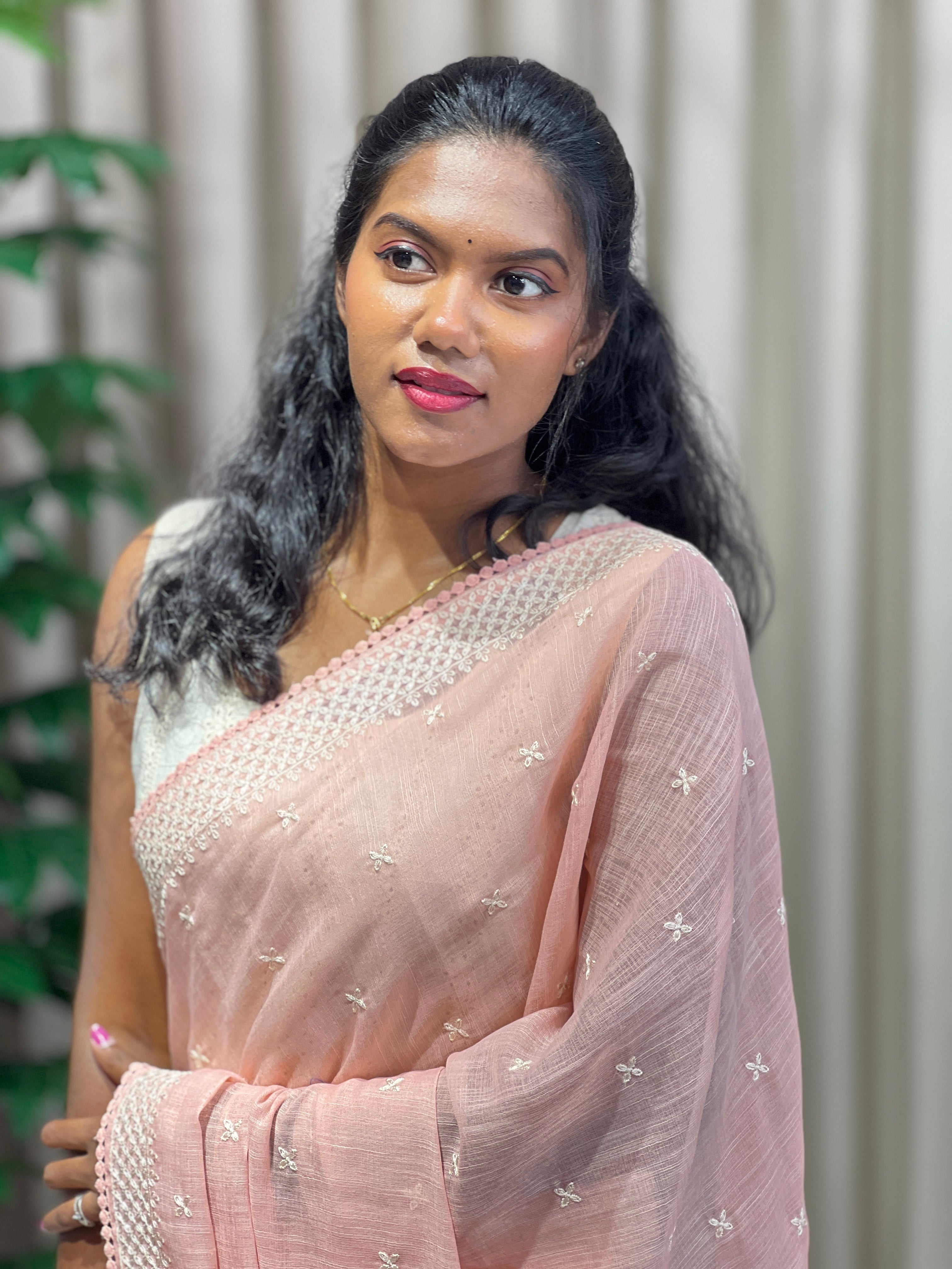 Machine Embroidery Detailed Semi Linen Saree | BLD2077