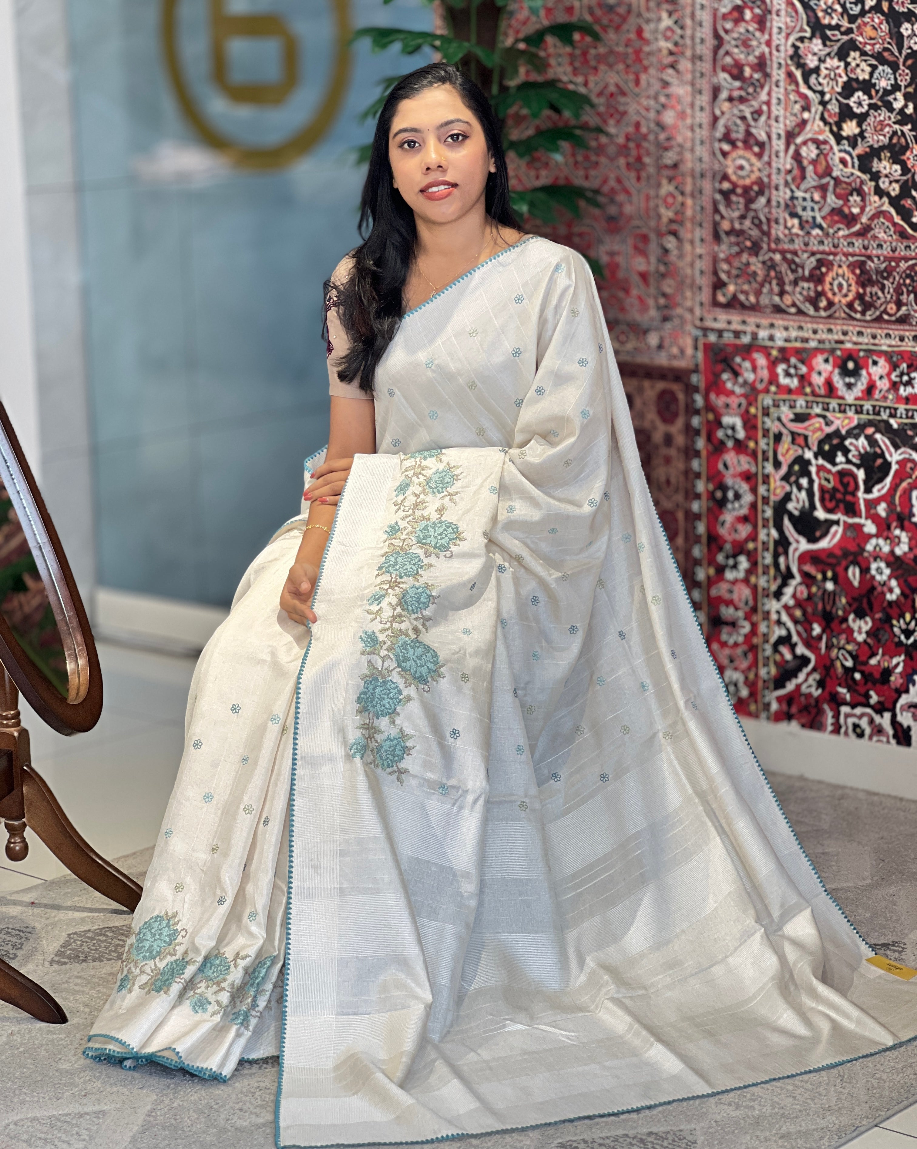 Floral and Leaf Embroidery Patterned Semi Tussar Saree |  PNS243