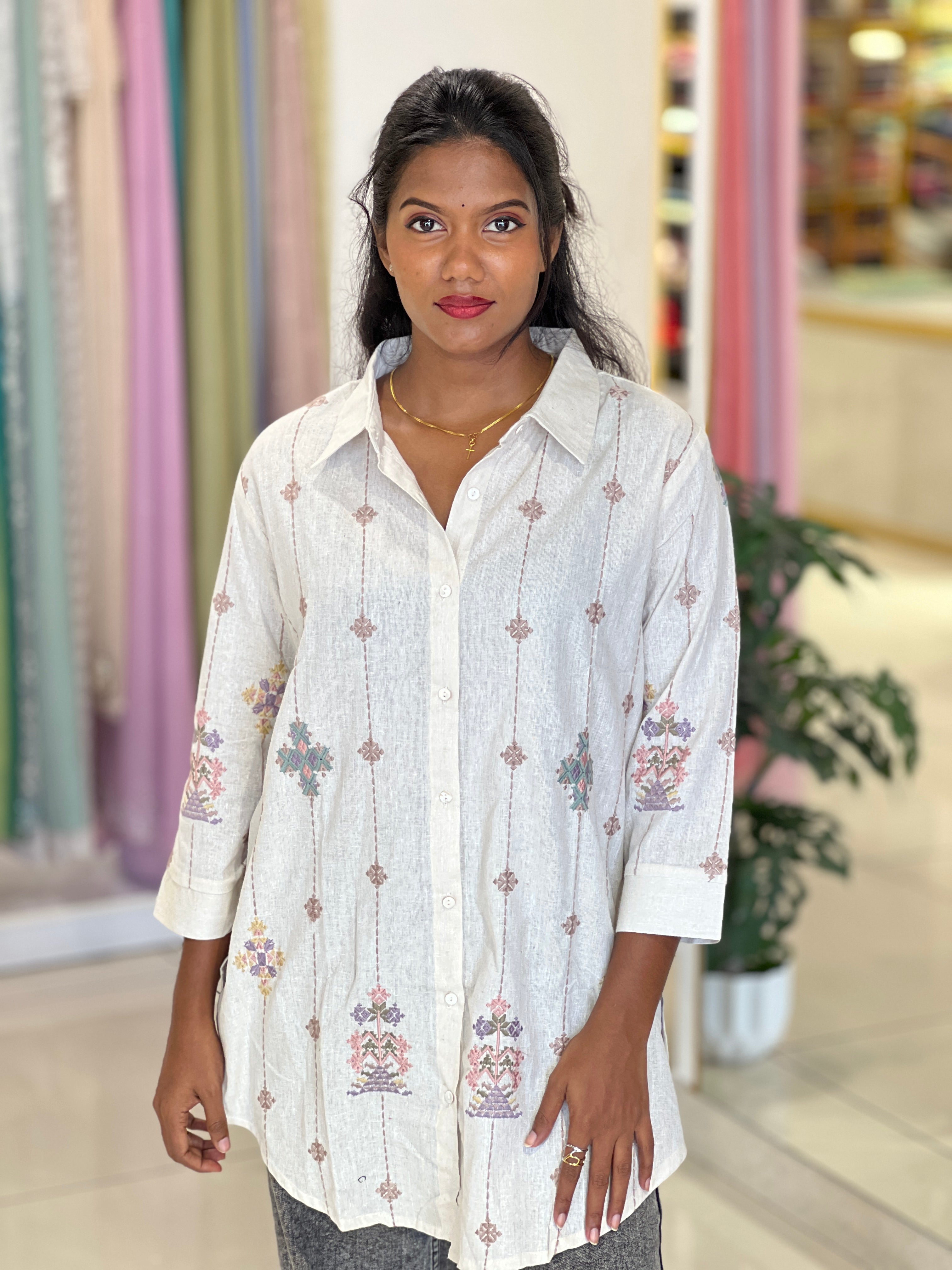 Machine Embroidery Linen Cotton Kurta | AOR116