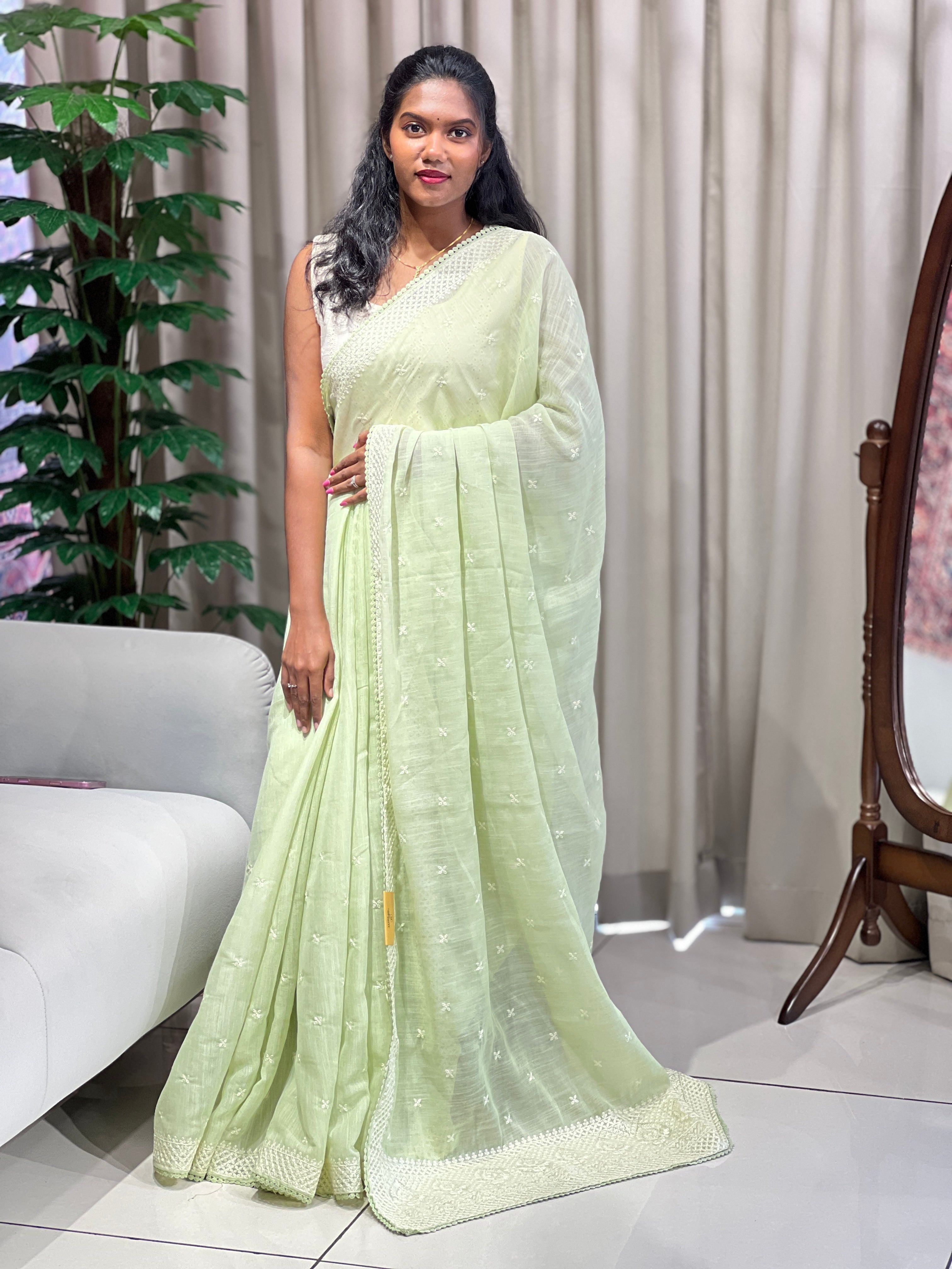 Machine Embroidery Detailed Semi Linen Saree | BLD2078
