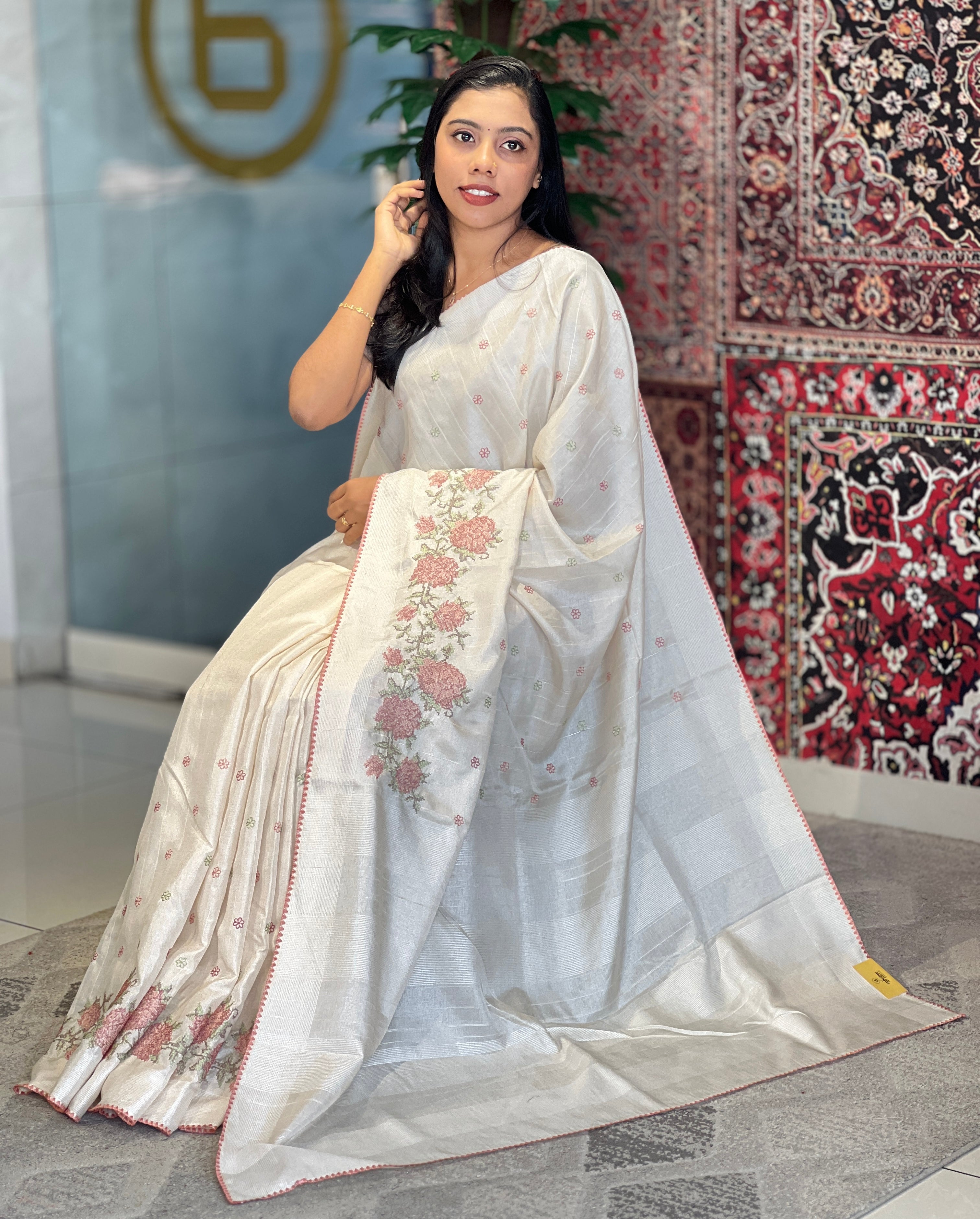 Floral Cross Stitch  Machine Embroidered Semi Tussar Saree | PNS246