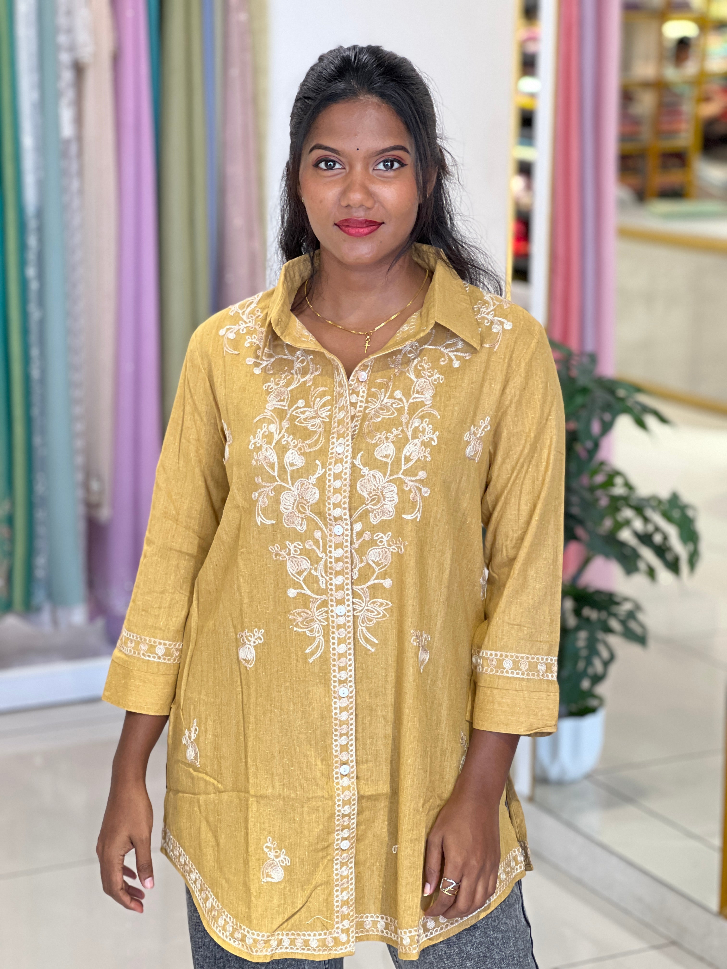 Machine Embroidery Linen Cotton Kurta | AOR115