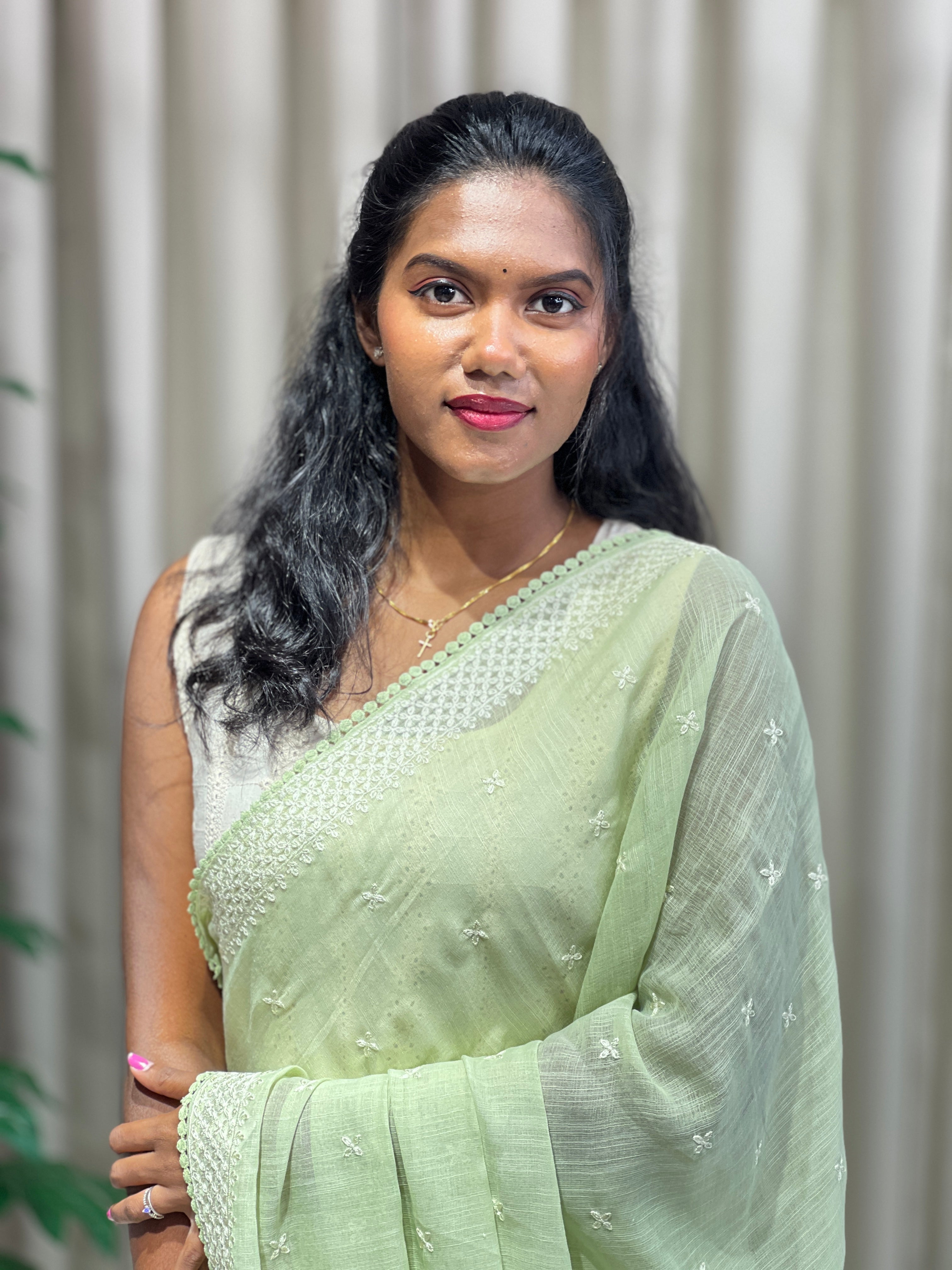 Machine Embroidery Detailed Semi Linen Saree | BLD2078