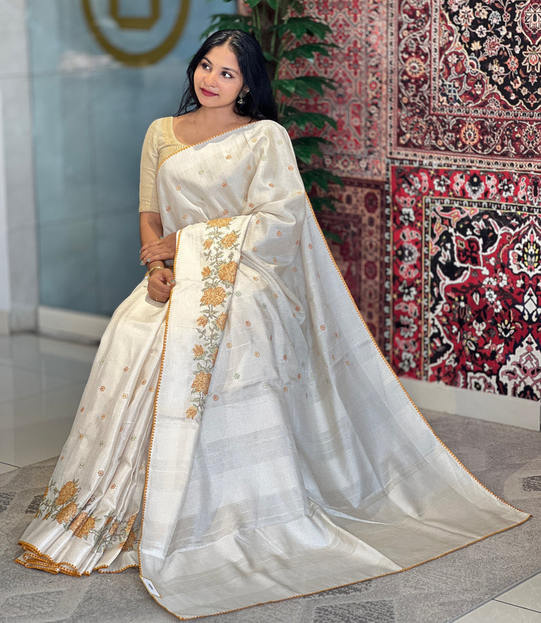 Floral Cross Stitch  Machine Embroidered Semi Tussar Saree | PNS245