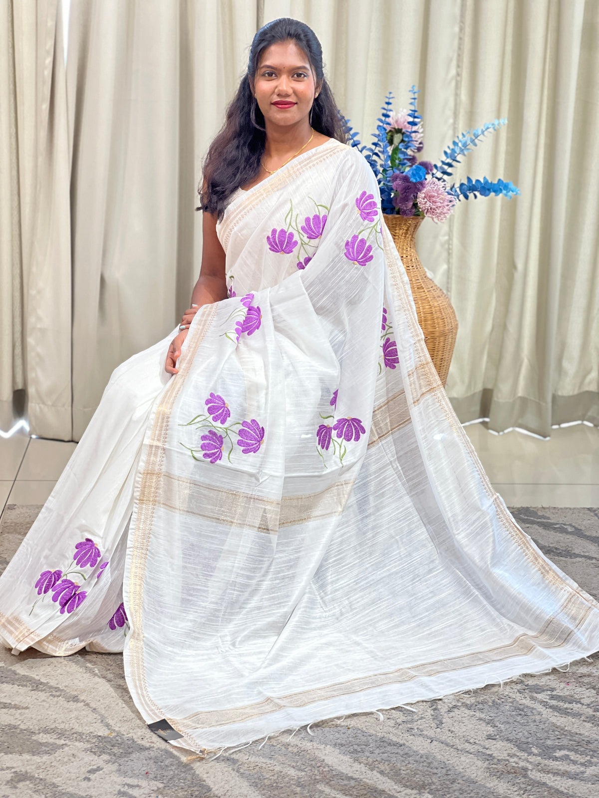 Floral Embroidered Bhagalpuri Linen Saree | NHH643