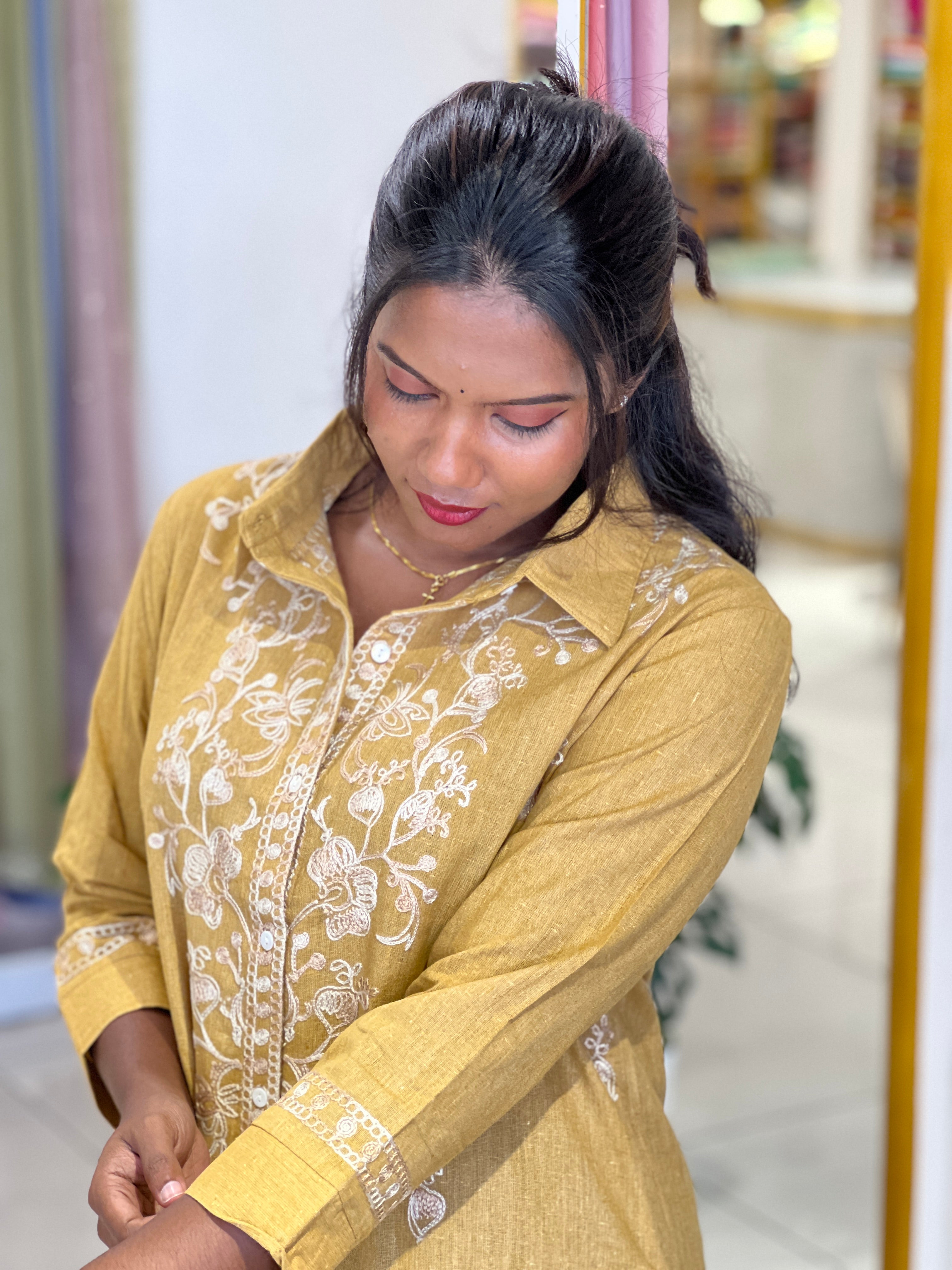 Machine Embroidery Linen Cotton Kurta | AOR115