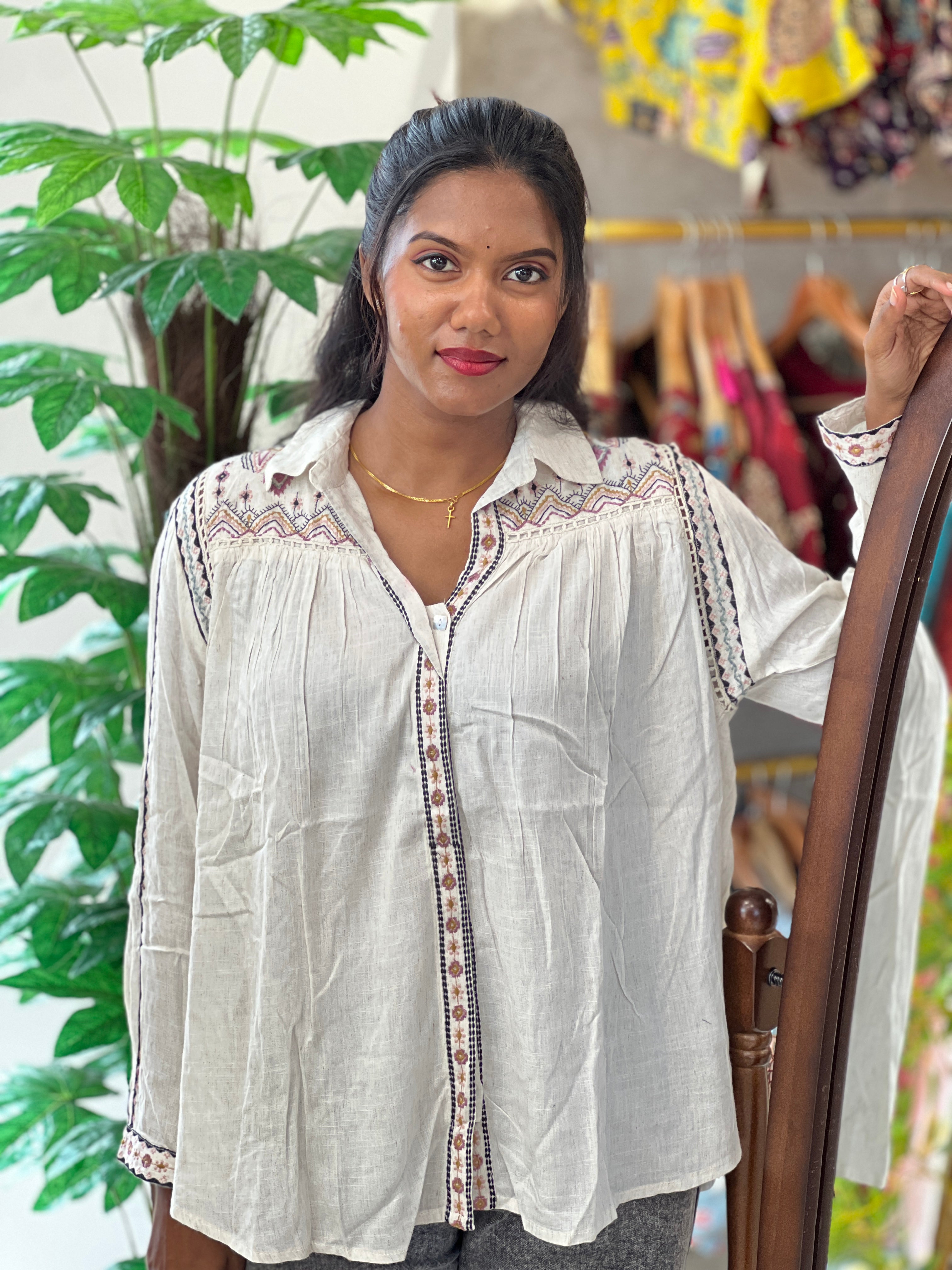 Machine Embroidery Linen Cotton Short Kurta | AOR111